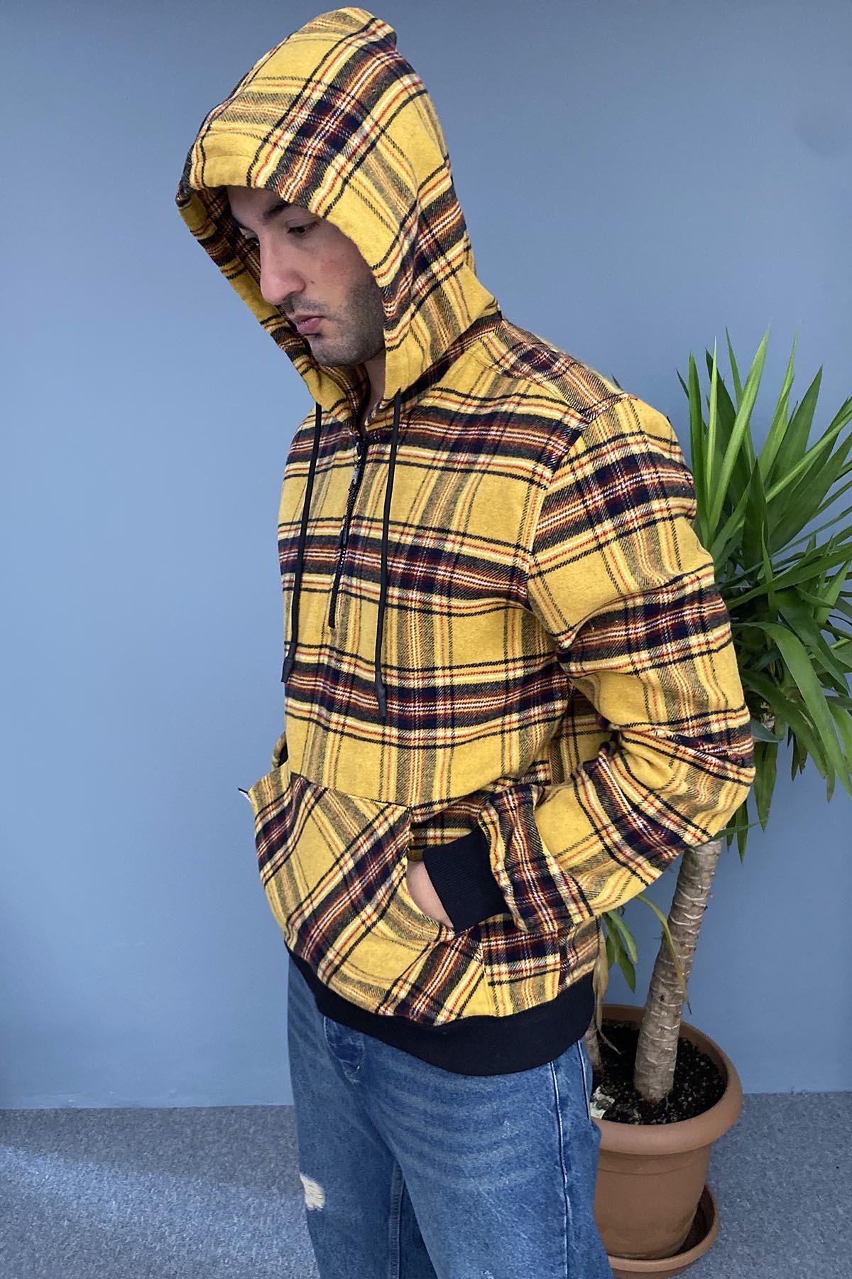  Arkası Baskılı Kapüşonlu Sweatshirt Kanguru Cepli Oversize