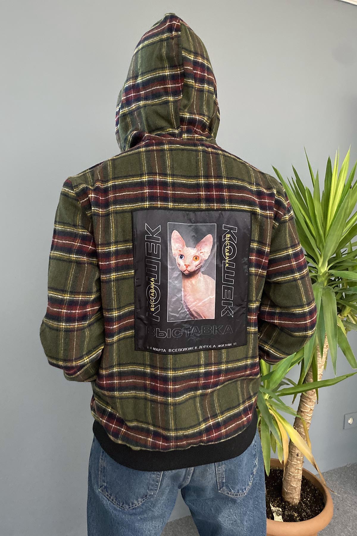  Arkası Kedi Baskılı Kapüşonlu Sweatshirt Kanguru Cepli Oversize