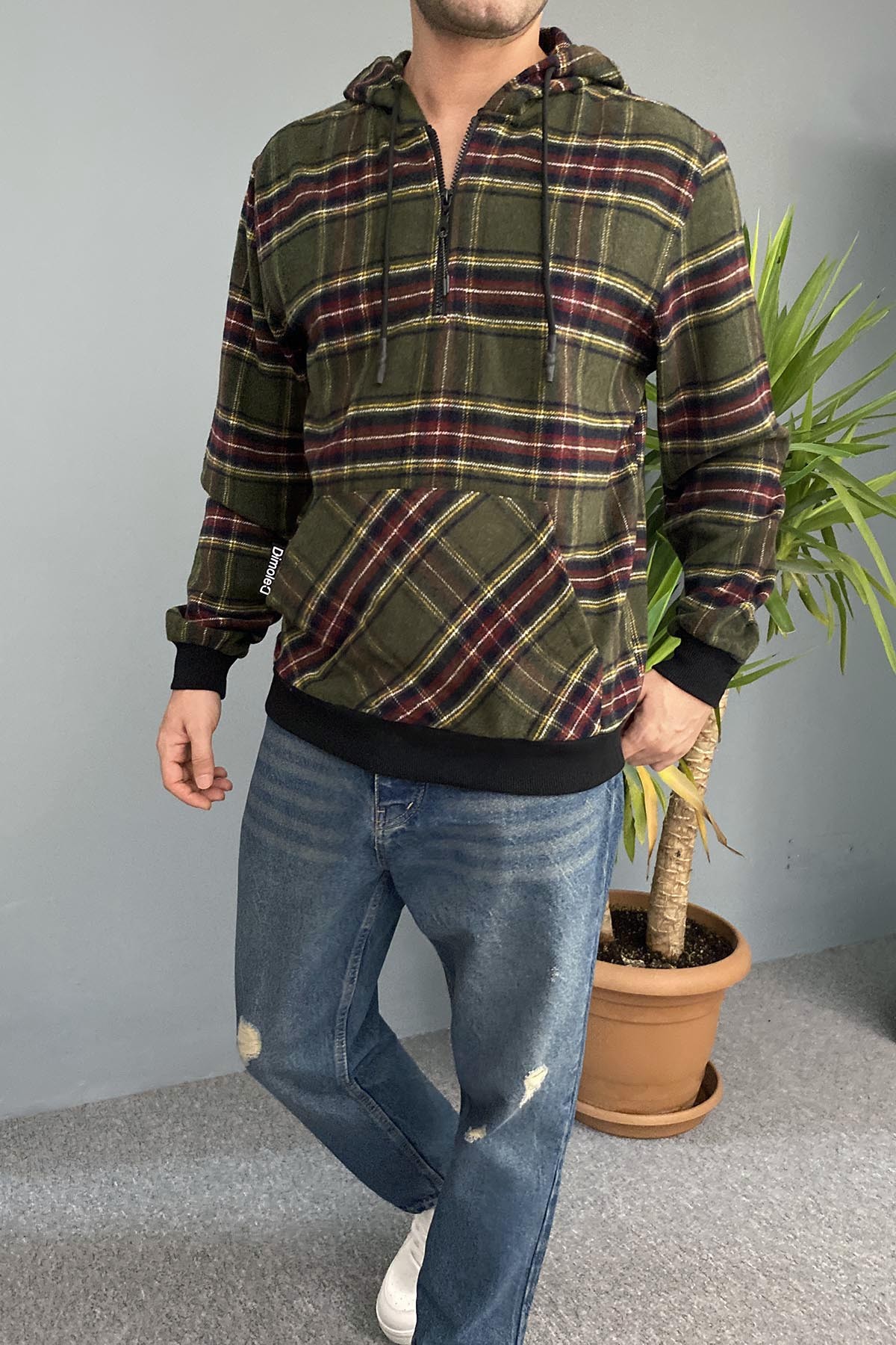  Arkası Kedi Baskılı Kapüşonlu Sweatshirt Kanguru Cepli Oversize