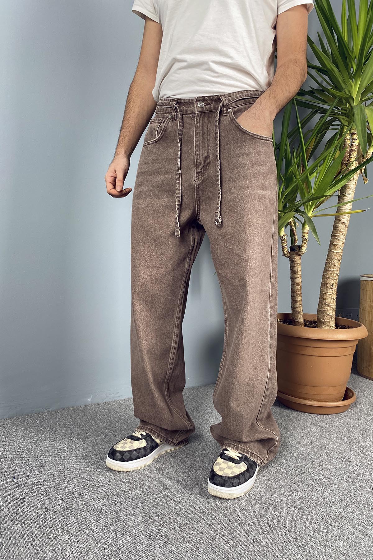  İp Kemerli Rahat Kesim Baggy Kot Pantolon Kahverengi