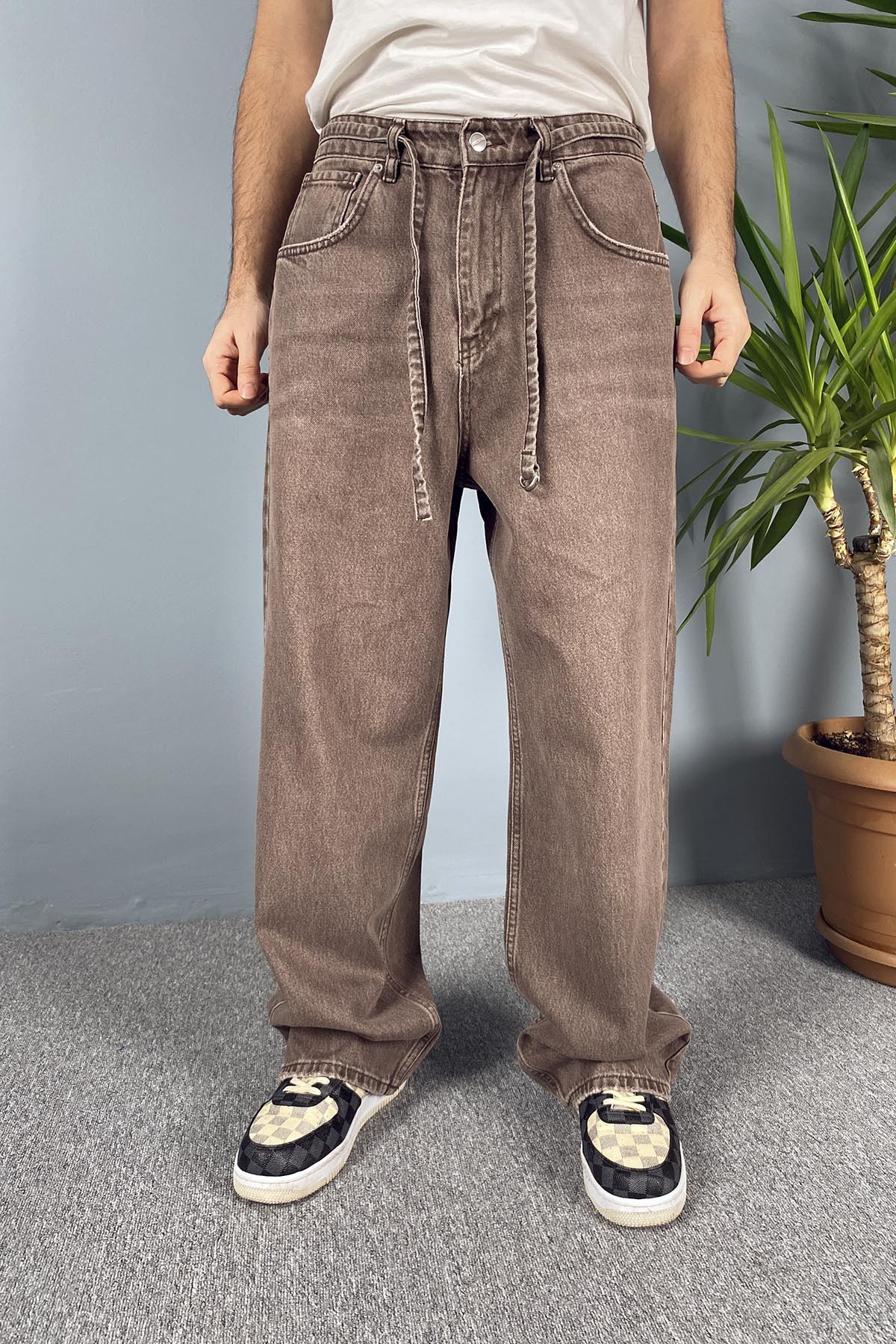  İp Kemerli Rahat Kesim Baggy Kot Pantolon Kahverengi