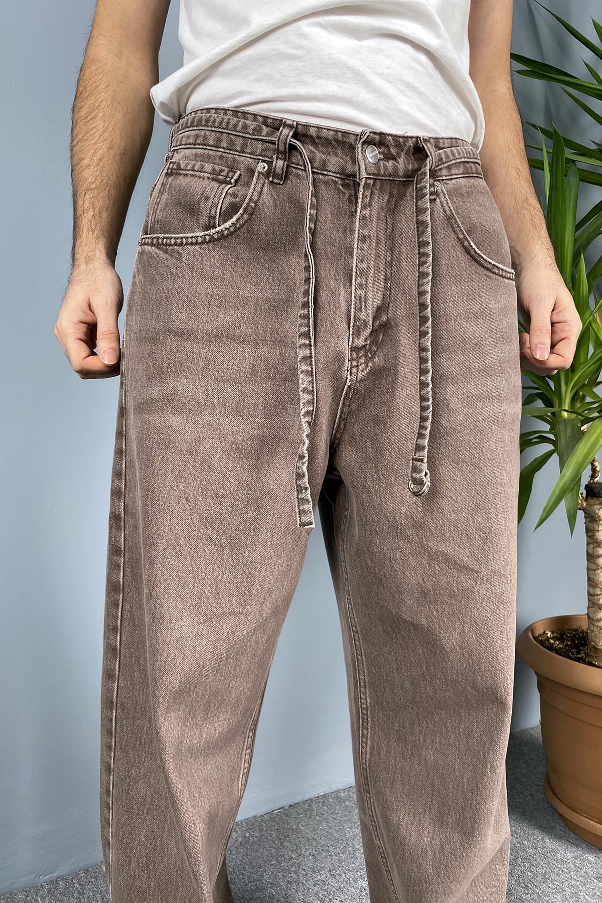  İp Kemerli Rahat Kesim Baggy Kot Pantolon Kahverengi