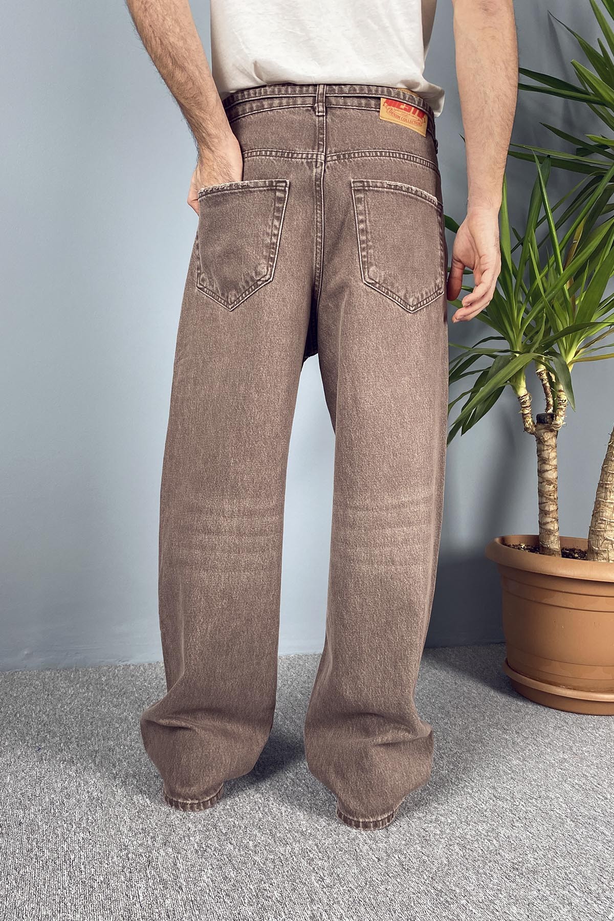  İp Kemerli Rahat Kesim Baggy Kot Pantolon Kahverengi