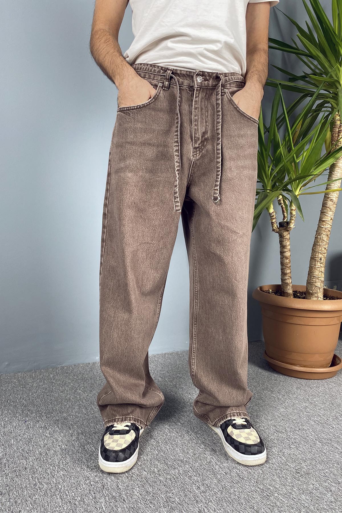  İp Kemerli Rahat Kesim Baggy Kot Pantolon Kahverengi