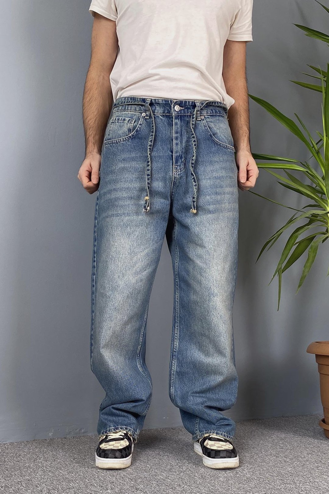  İp Kemerli Rahat Kesim Baggy Kot Pantolon Mavi