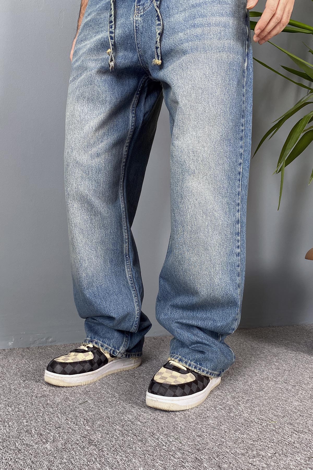  İp Kemerli Rahat Kesim Baggy Kot Pantolon Mavi