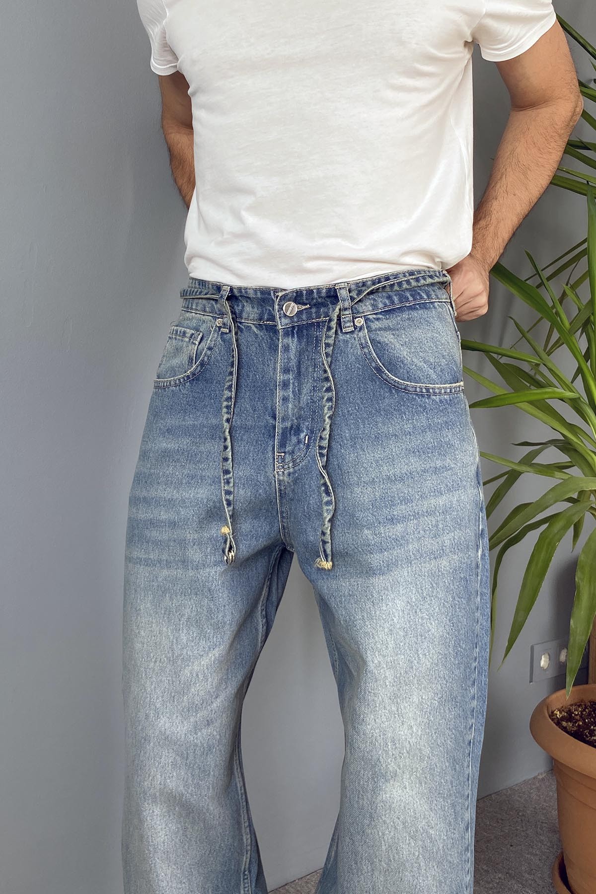  İp Kemerli Rahat Kesim Baggy Kot Pantolon Mavi