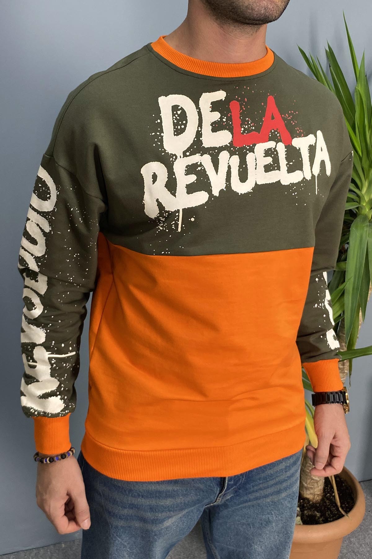 Kadin Baskılı Haki Bisiklet Yaka Oversize İnce Sweatshirt