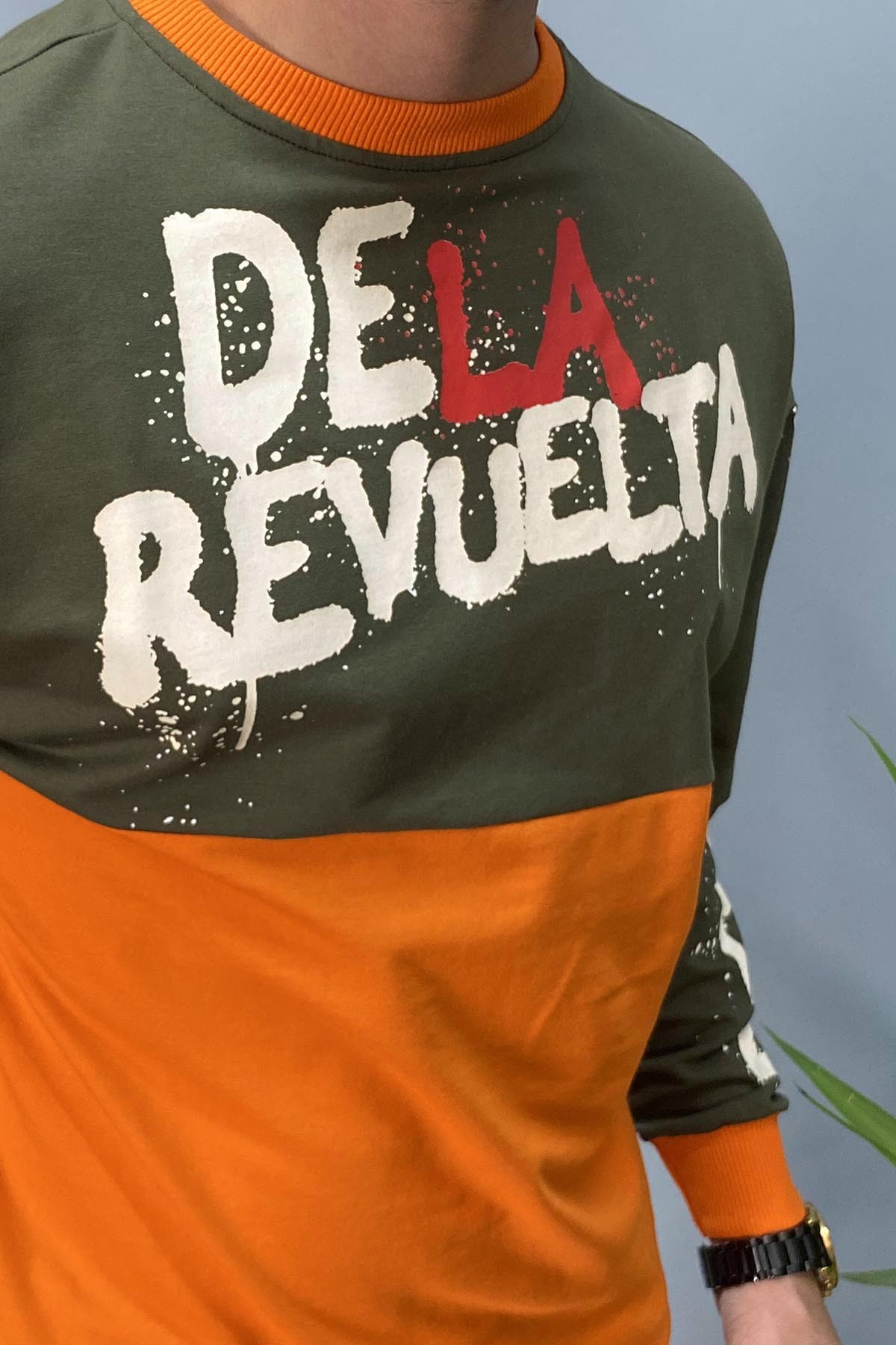 Kadin Baskılı Haki Bisiklet Yaka Oversize İnce Sweatshirt