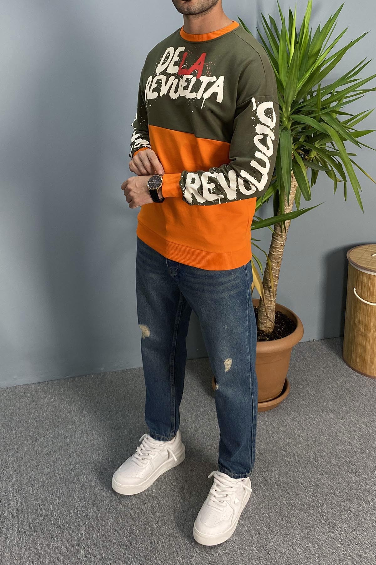 Kadin Baskılı Haki Bisiklet Yaka Oversize İnce Sweatshirt