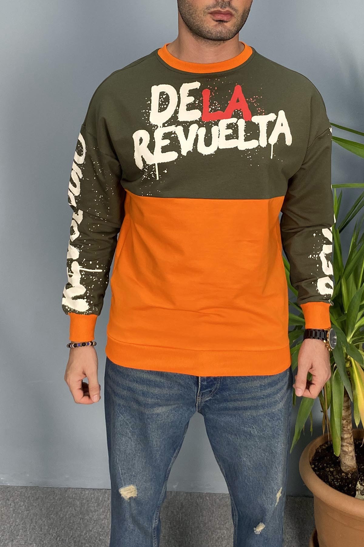 Kadin Baskılı Haki Bisiklet Yaka Oversize İnce Sweatshirt