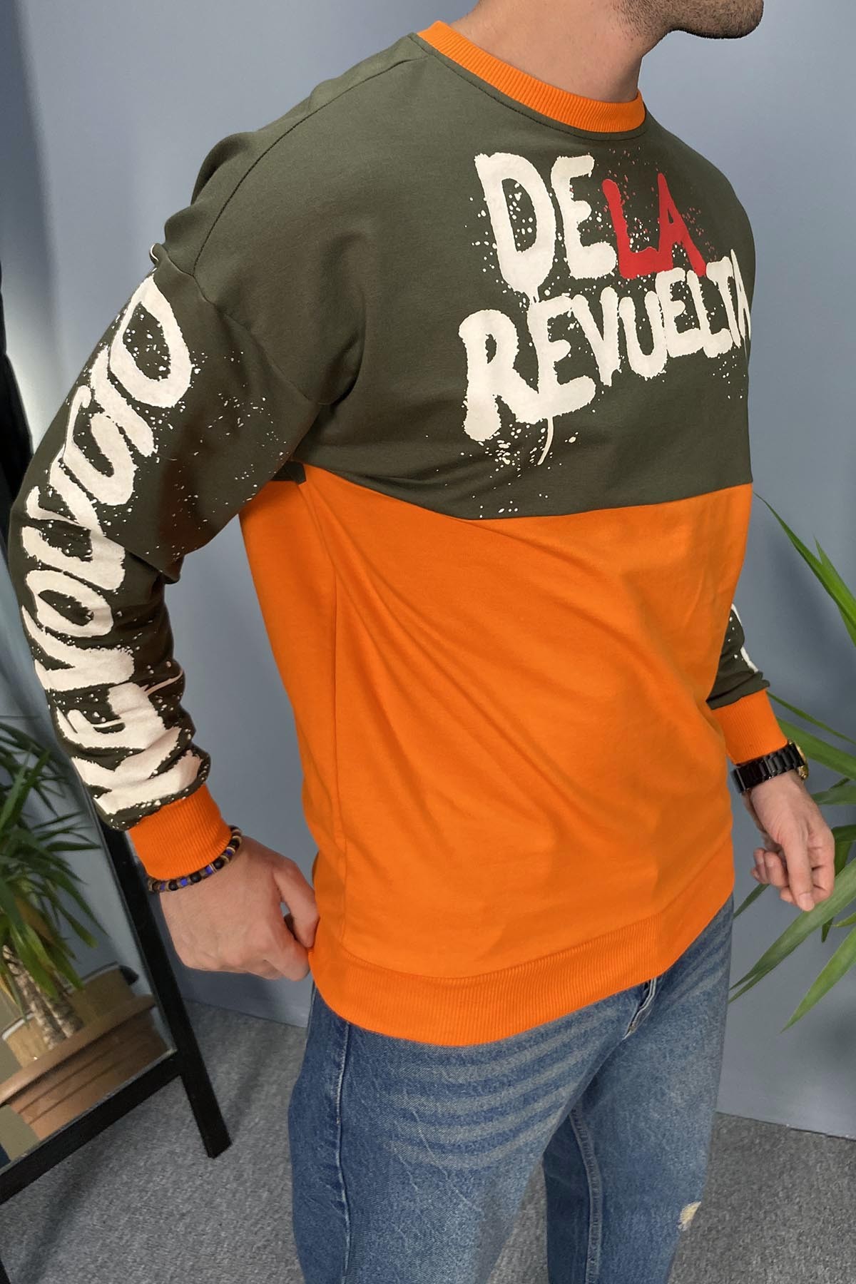 Kadin Baskılı Haki Bisiklet Yaka Oversize İnce Sweatshirt