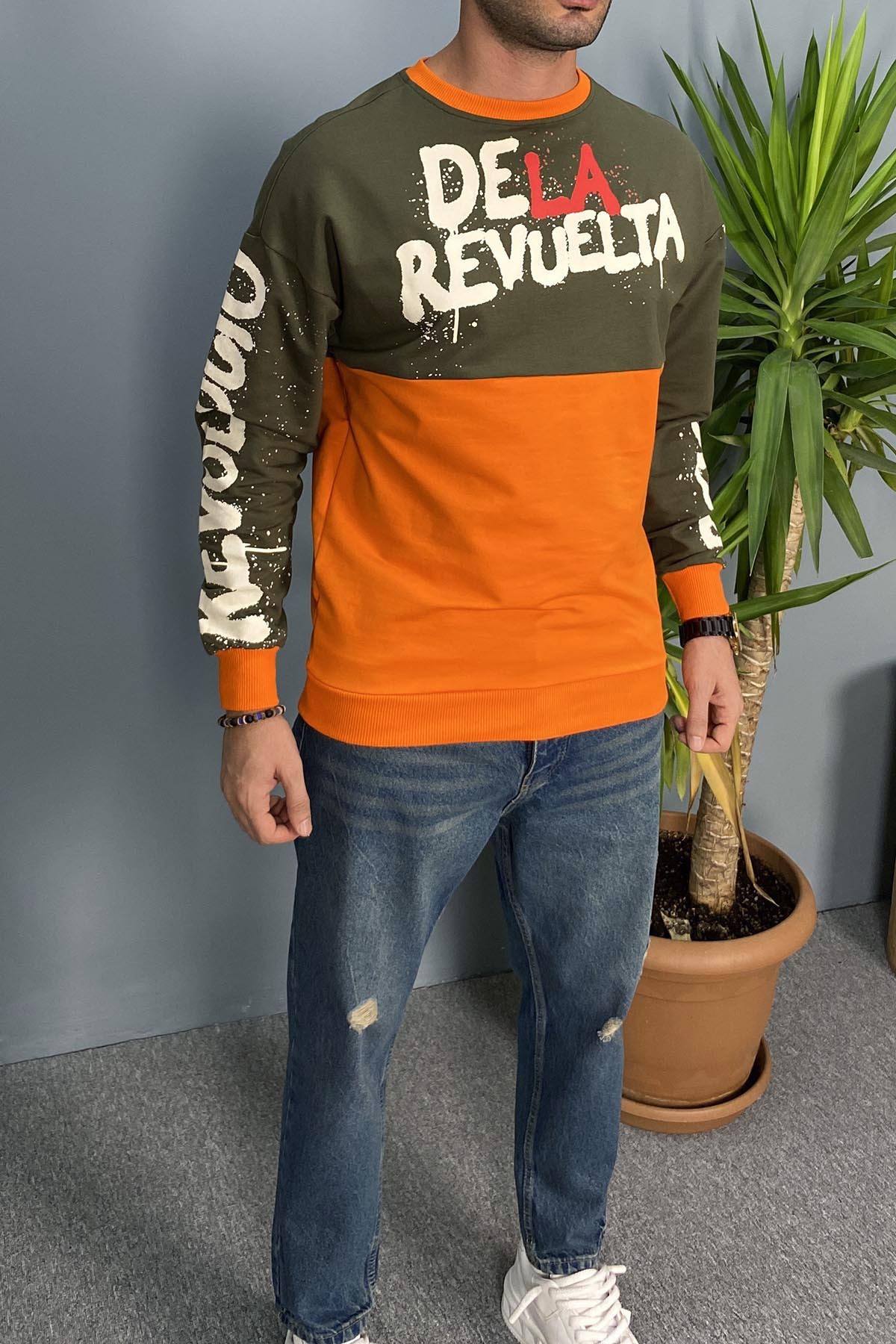 Kadin Baskılı Haki Bisiklet Yaka Oversize İnce Sweatshirt