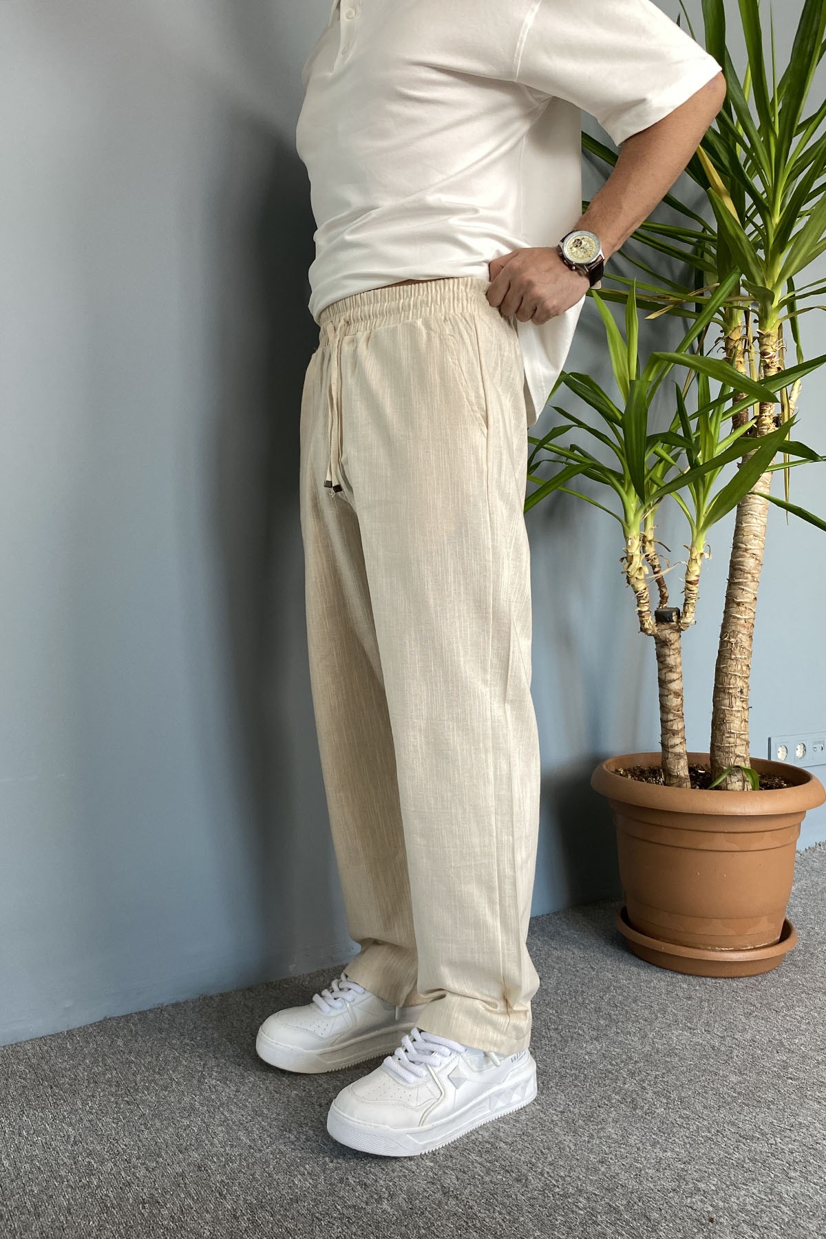  Bej Renk Yazlık Keten Baggy Pantolon