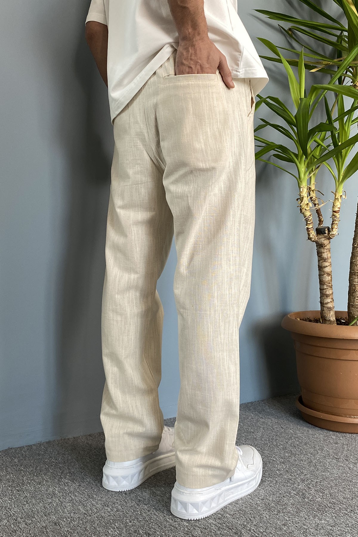 Bej Renk Yazlık Keten Baggy Pantolon