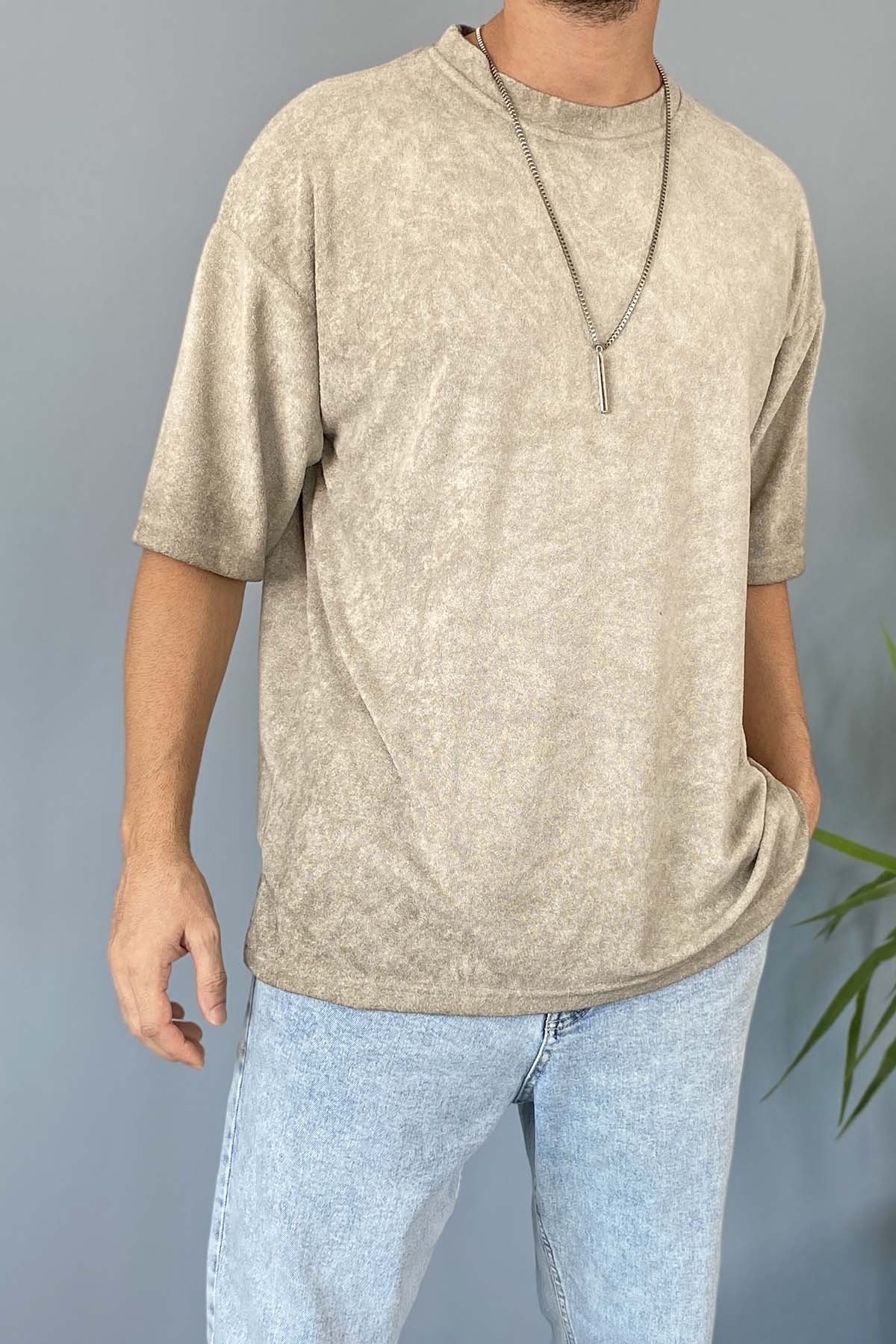  Havlu Kumaş Oversize Tişört Bisiklet Yaka Batik Desen %100 Pamuk