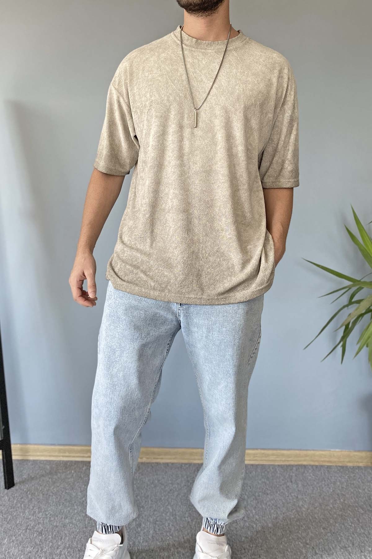  Havlu Kumaş Oversize Tişört Bisiklet Yaka Batik Desen %100 Pamuk