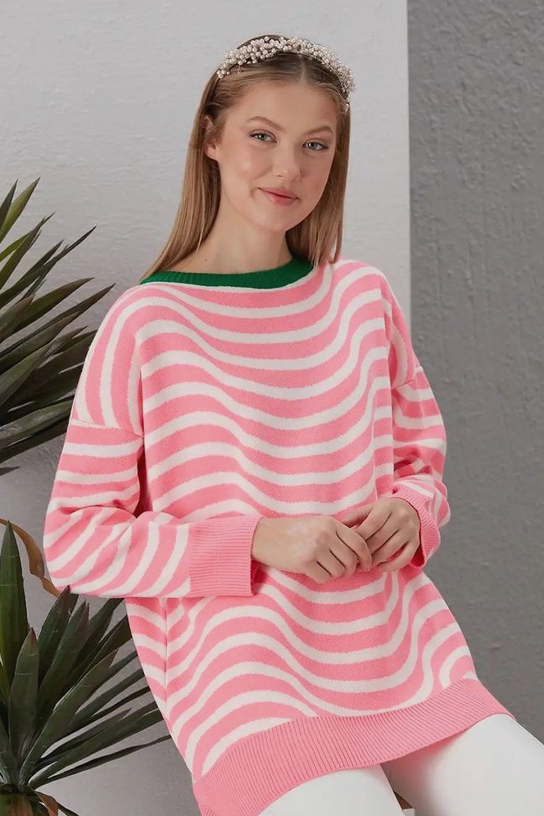  Bisiklet Yaka Oversize Beyaz Çizgili Pembe Triko Kazak