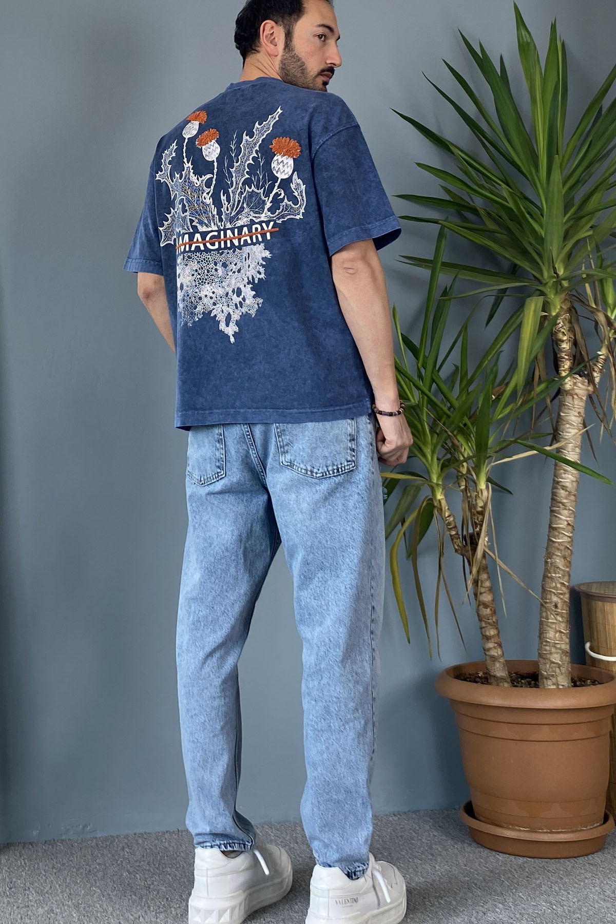  Bisiklet Yaka Imaginary Yıkamalı Oversize Mavi Tişört