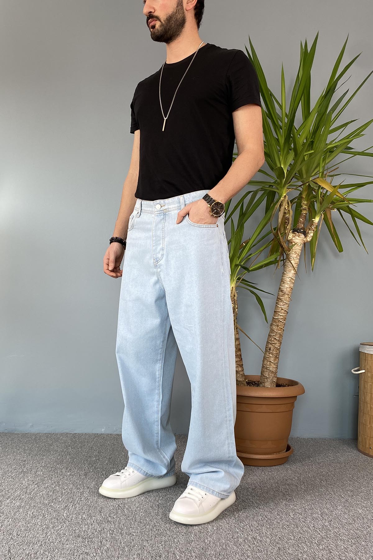  Buz Mavisi Baggy Kot Pantolon