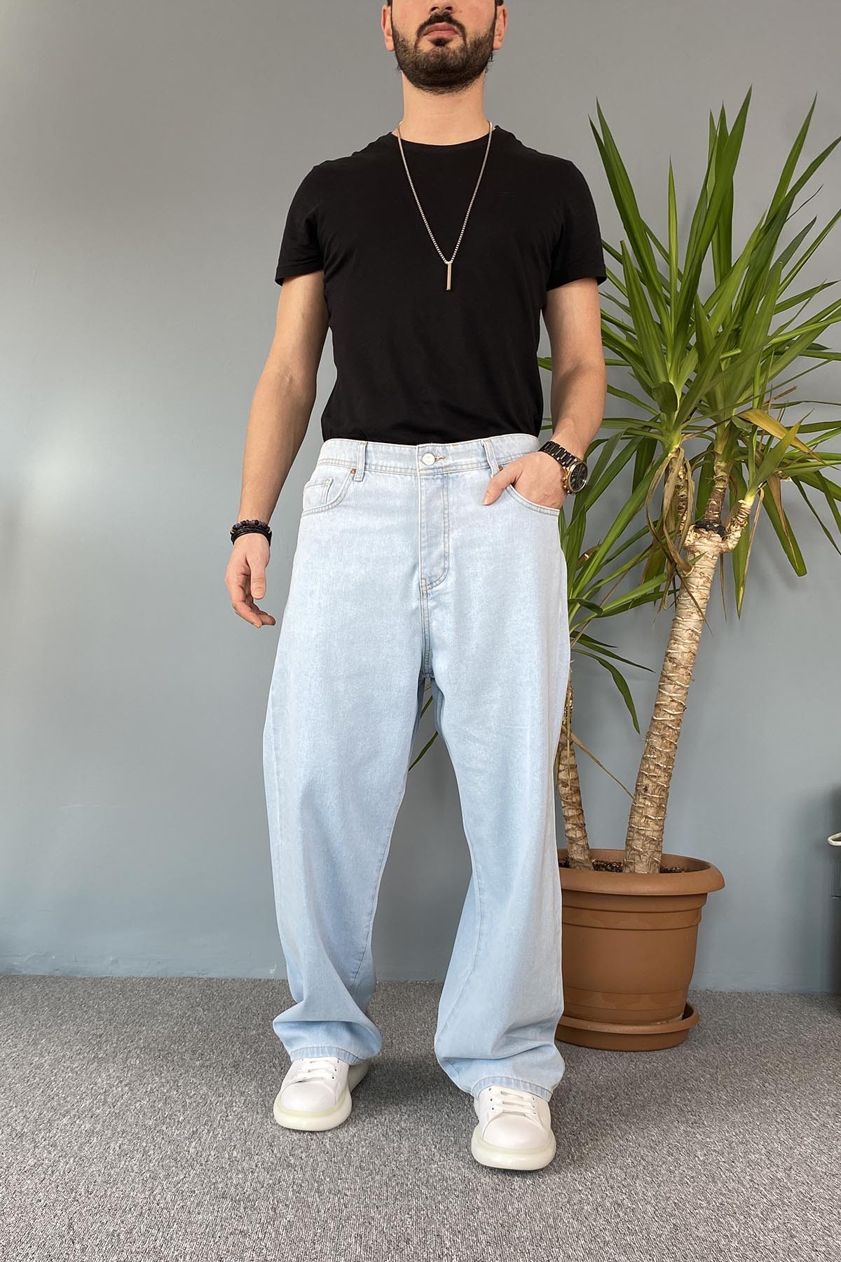  Buz Mavisi Baggy Kot Pantolon