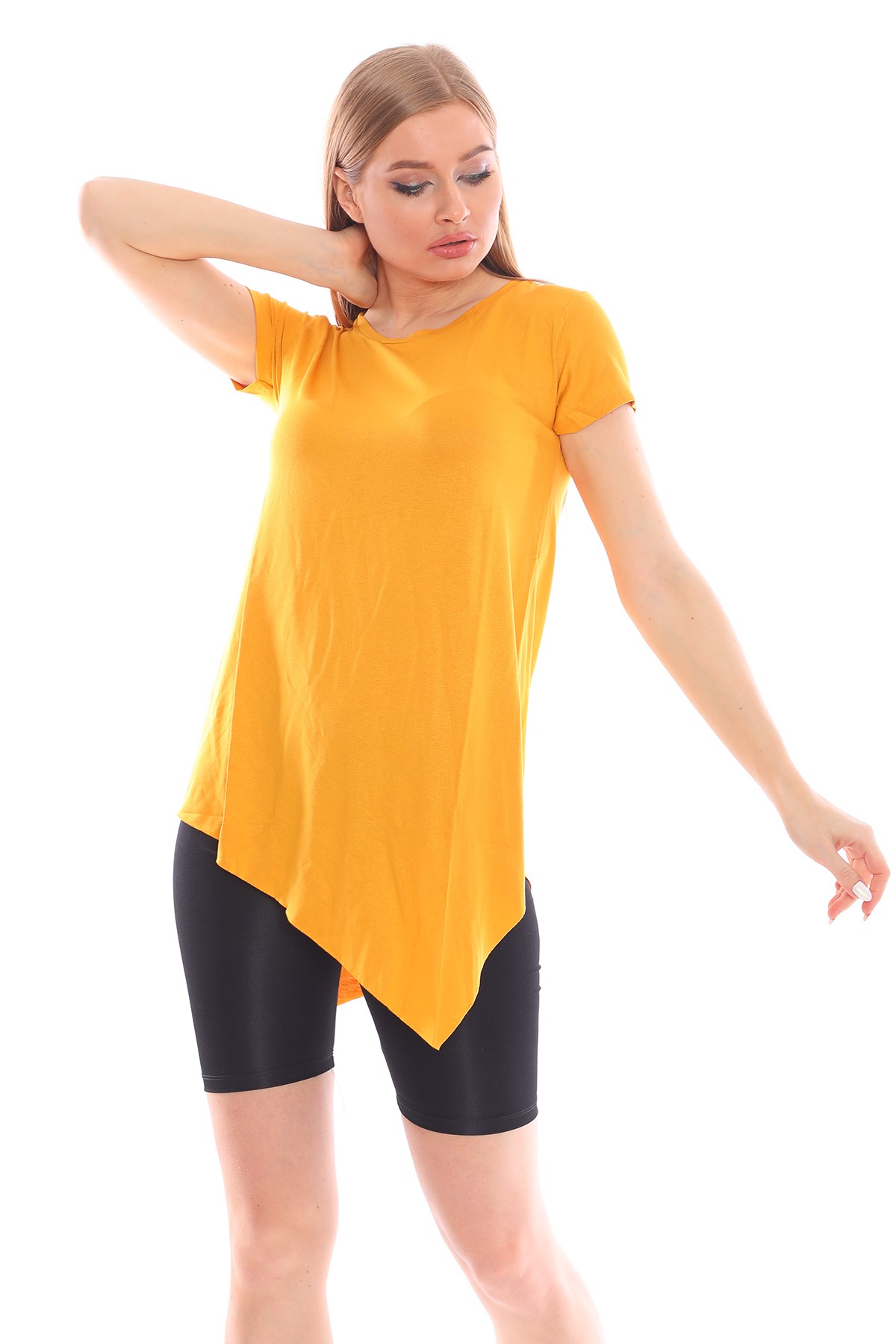  Çapraz Kesim Viskon Kumaş Casual Hardal Tunik