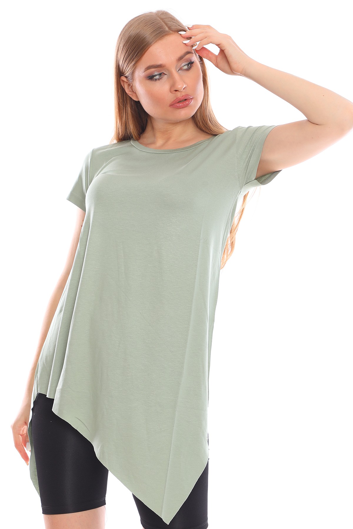  Çapraz Kesim Viskon Kumaş Casual Yeşil Tunik
