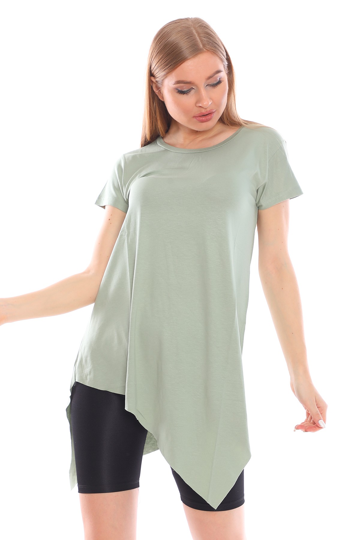  Çapraz Kesim Viskon Kumaş Casual Yeşil Tunik