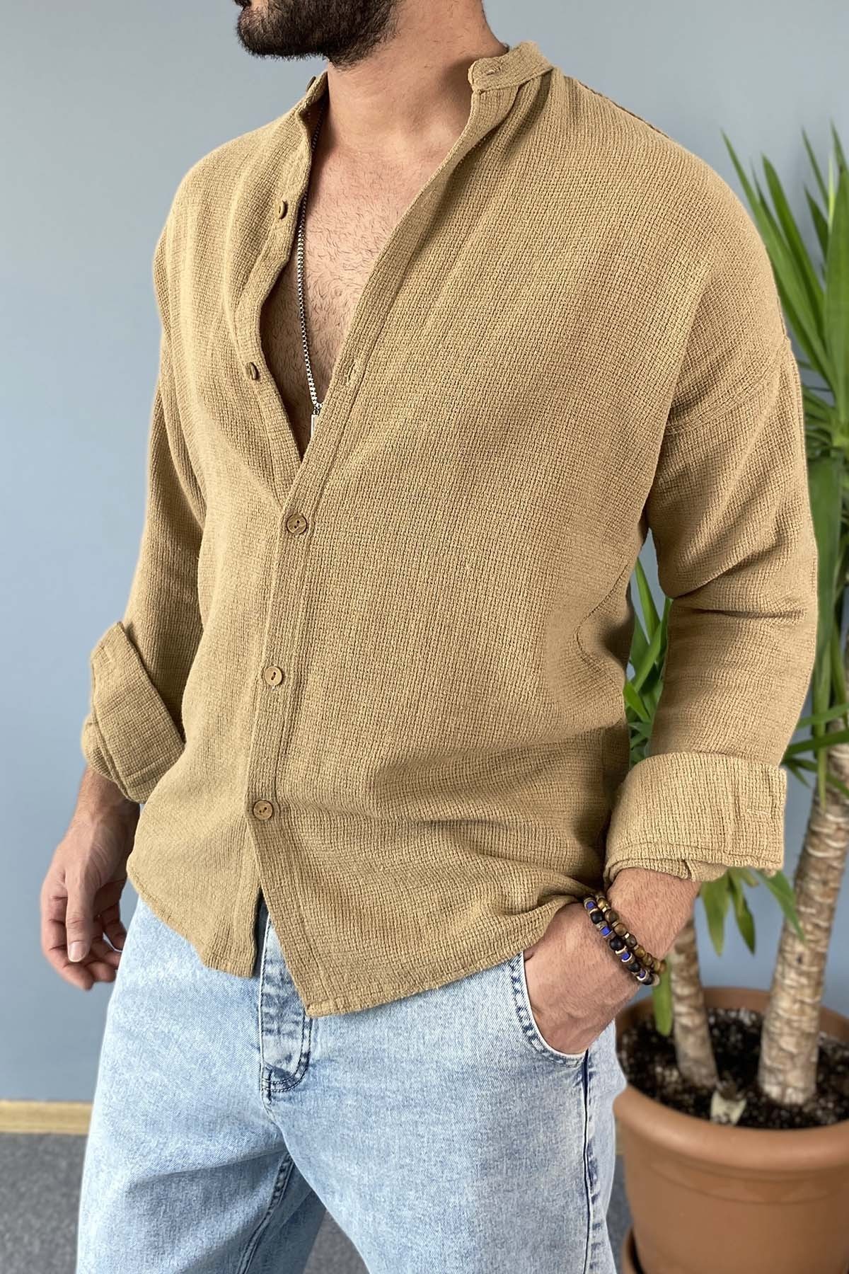  Dar Kesim Hakim Yaka Slim Fit Vizon Renk Gömlek