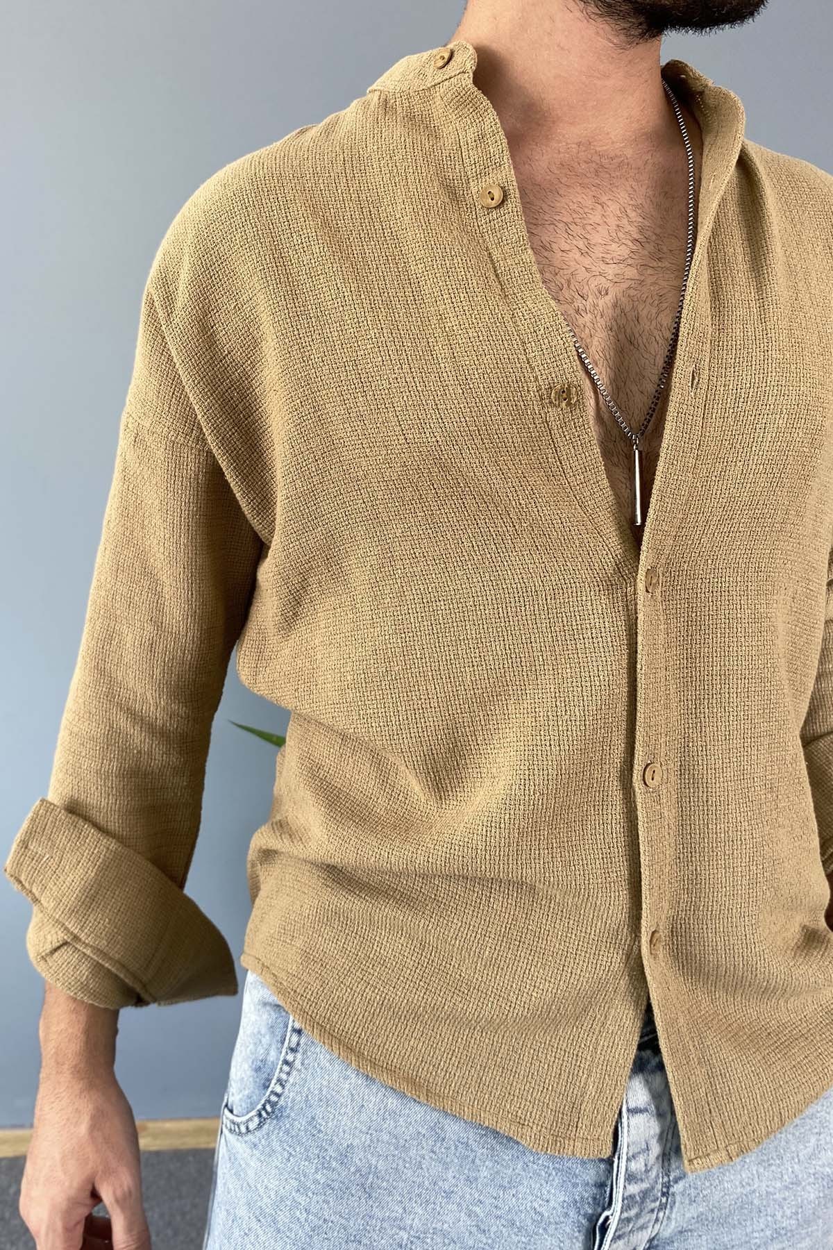  Dar Kesim Hakim Yaka Slim Fit Vizon Renk Gömlek