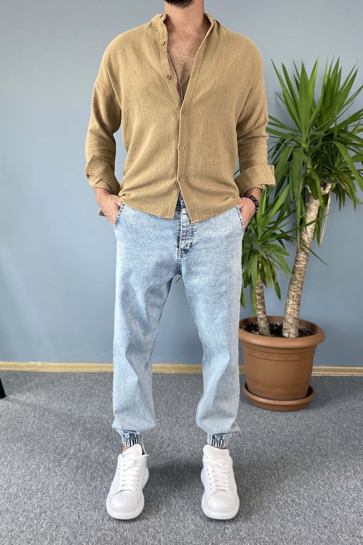  Dar Kesim Hakim Yaka Slim Fit Vizon Renk Gömlek