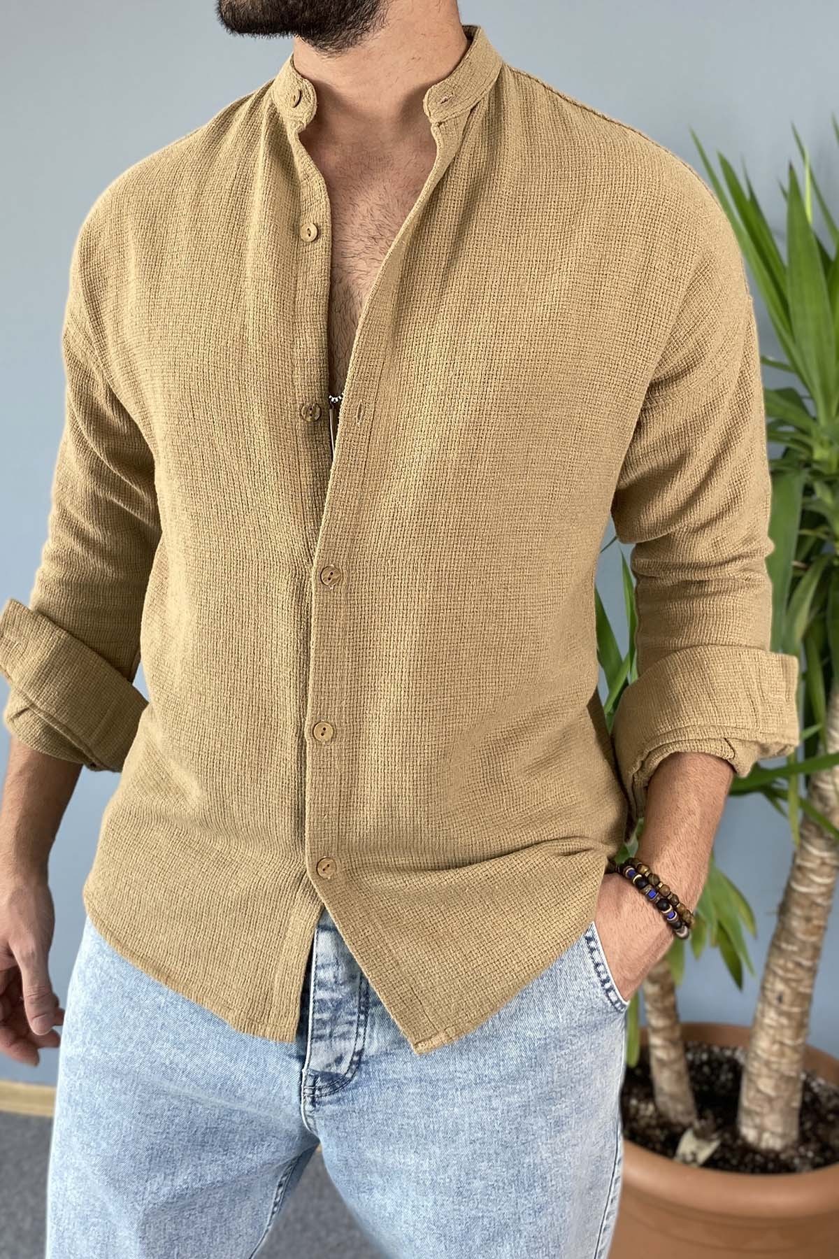  Dar Kesim Hakim Yaka Slim Fit Vizon Renk Gömlek