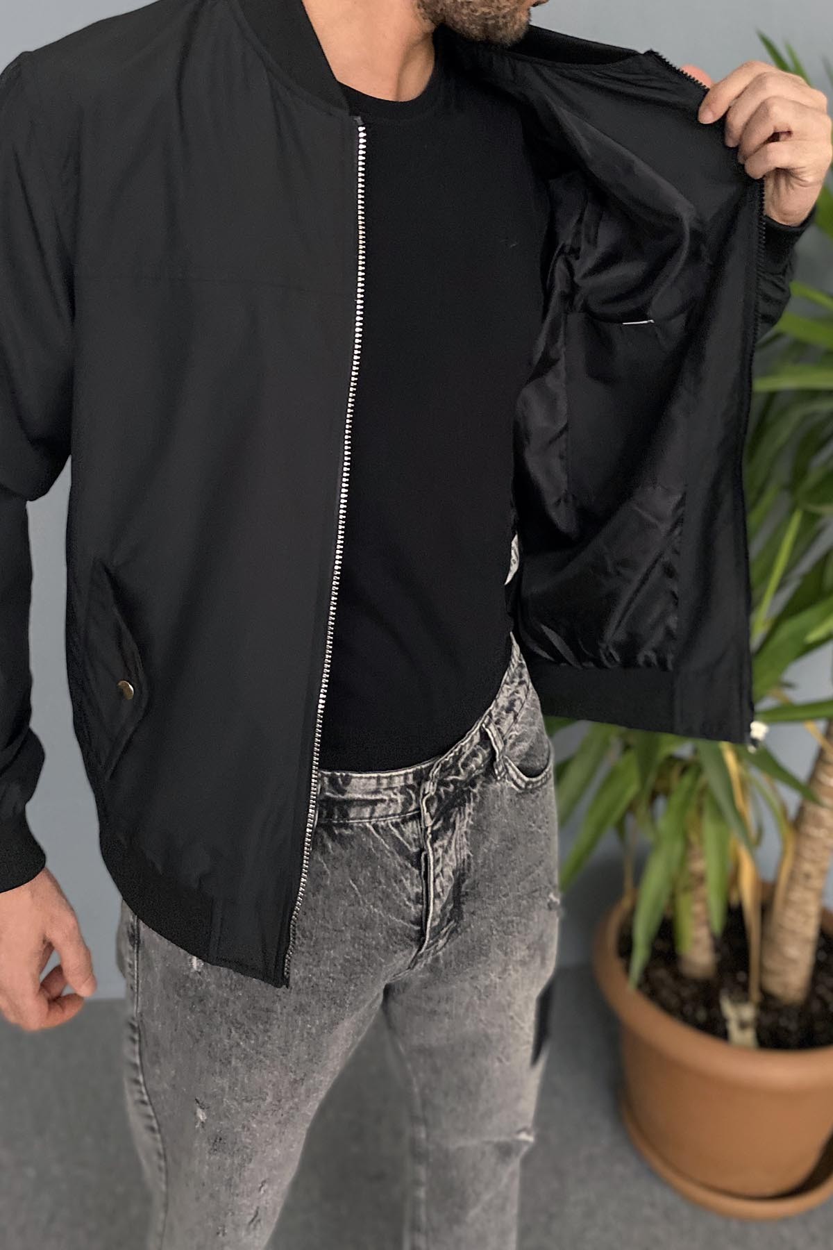  Dar Kesim Siyah Bomber Mont