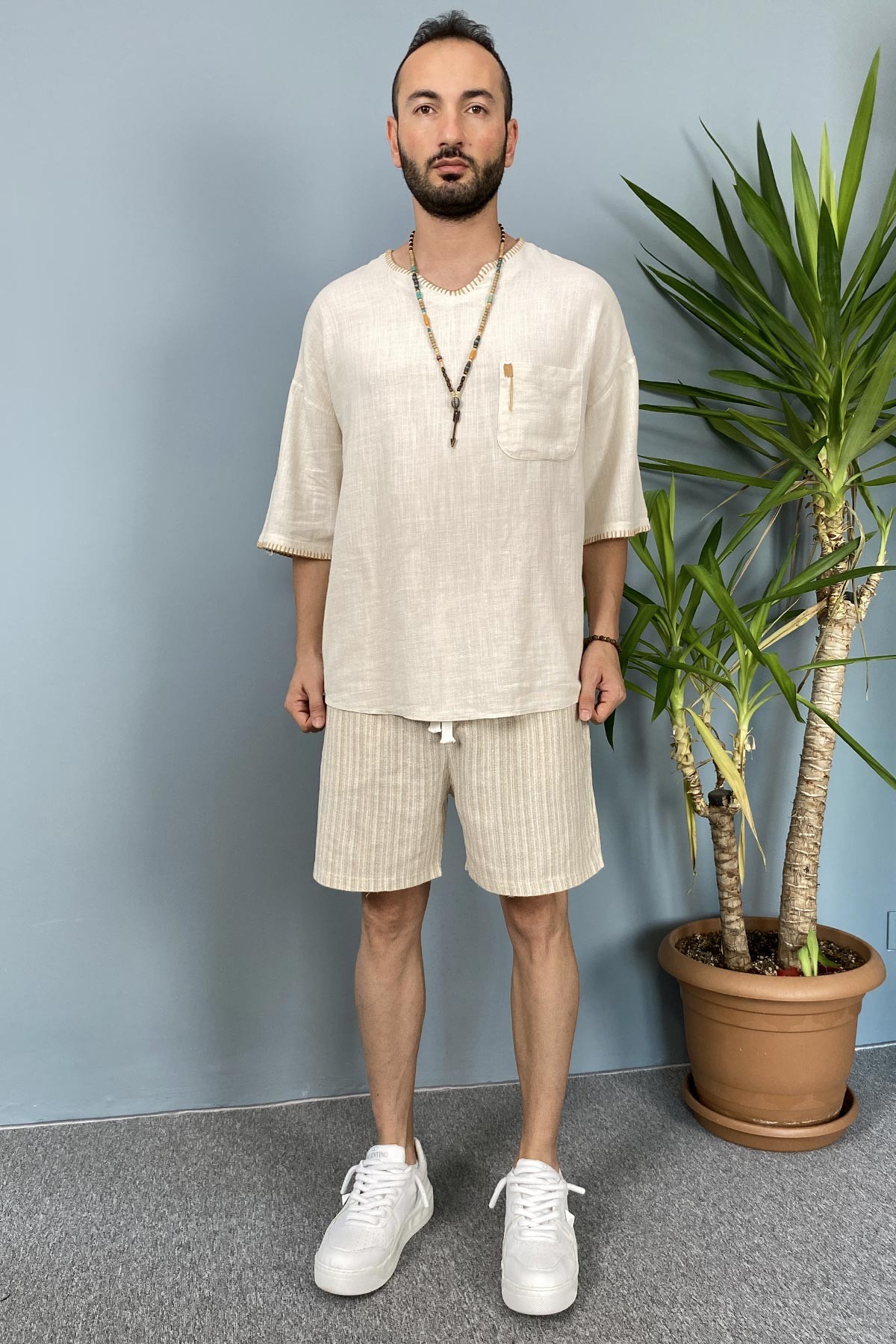 Erkek Fakir Kol Oversize Keten Erkek Tişört