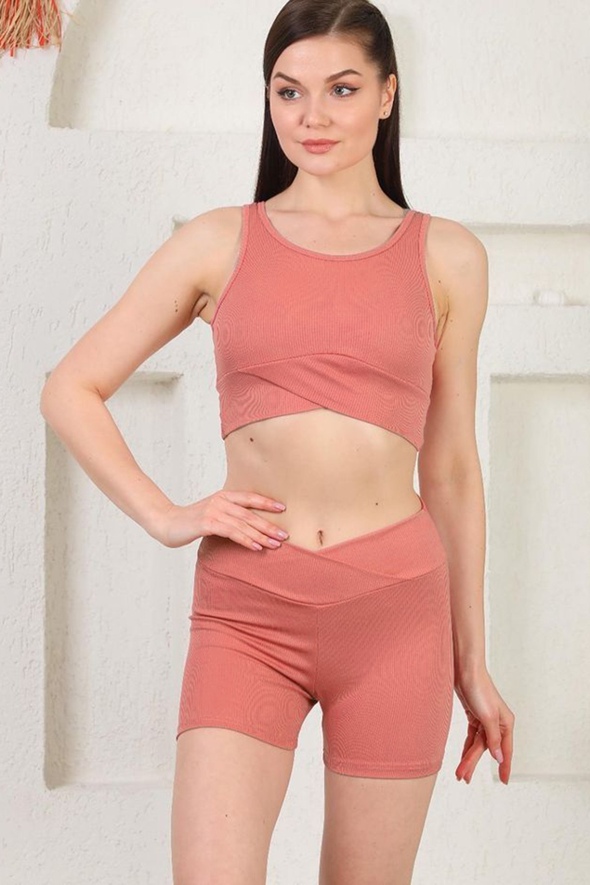  Fitilli Büstiyer ve Şort Spor Takım Gül Kurusu