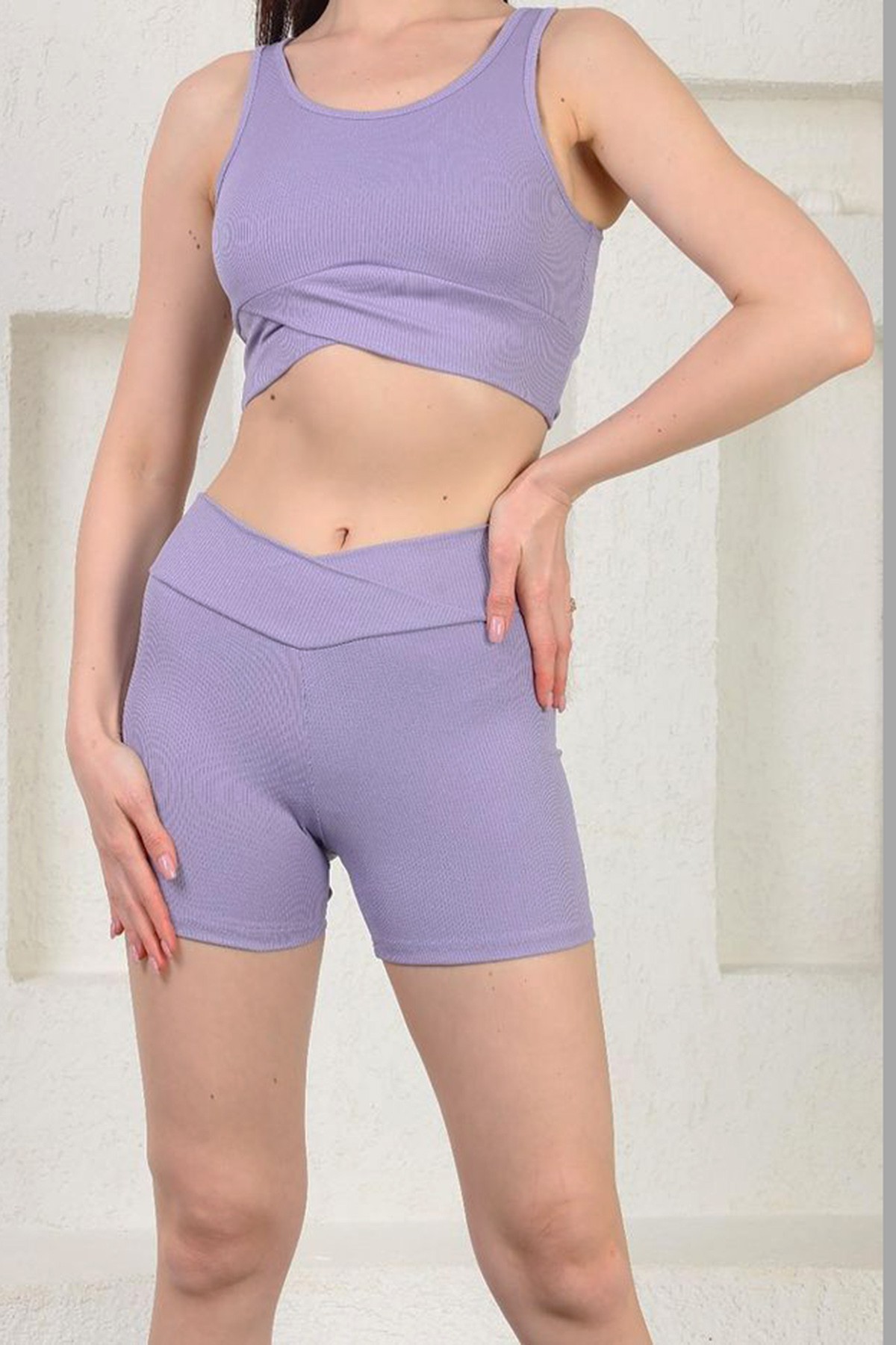  Fitilli Büstiyer ve Şort Spor Takım Lila Renk