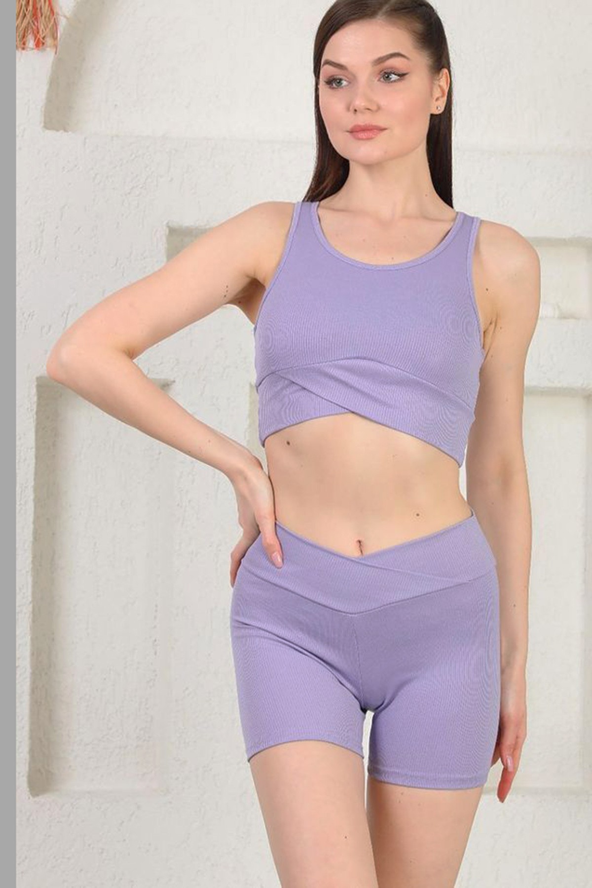 Fitilli Büstiyer ve Şort Spor Takım Lila Renk