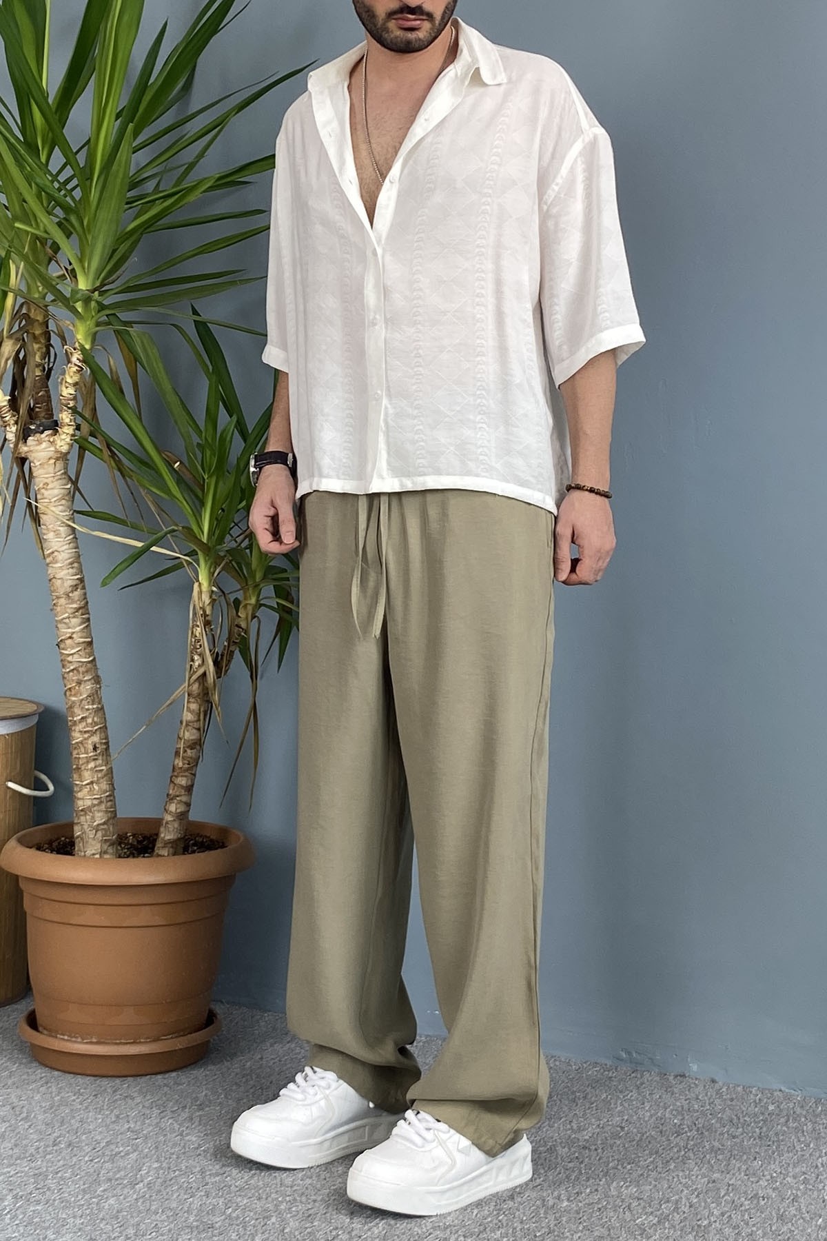 Erkek Modal Kumaş Bağcıklı Baggy Pantolon Haki