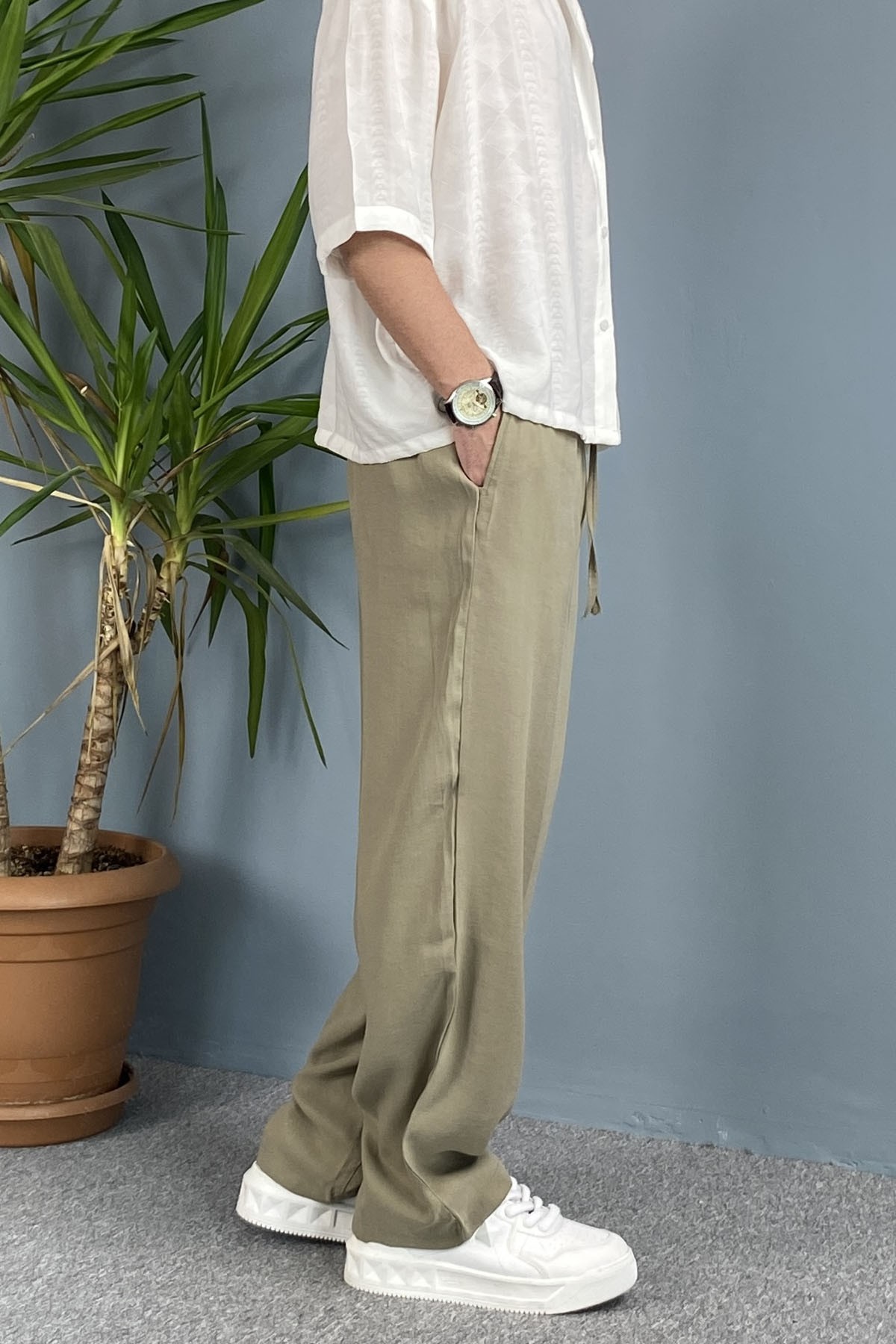 Erkek Modal Kumaş Bağcıklı Baggy Pantolon Haki