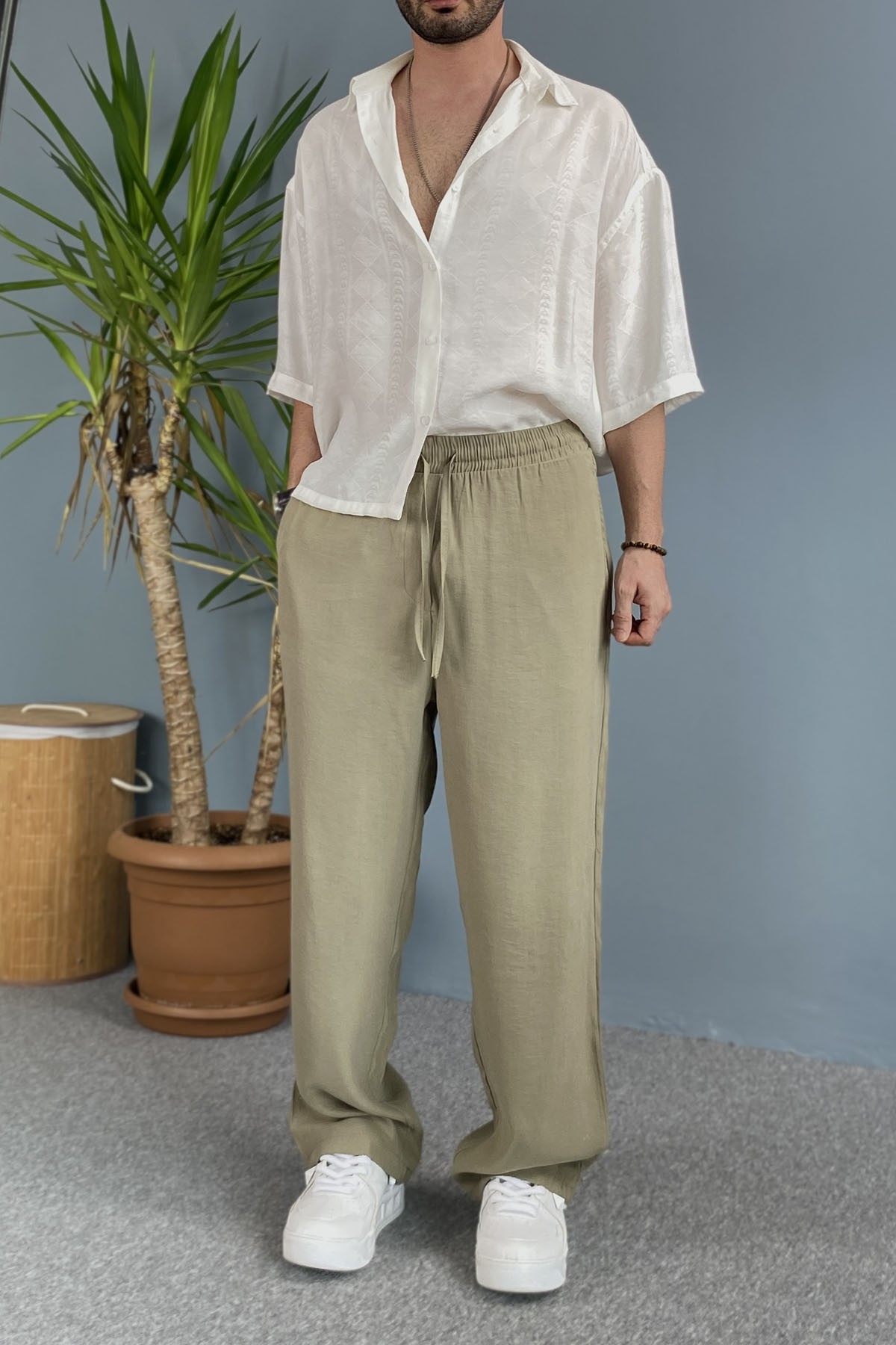 Erkek Modal Kumaş Bağcıklı Baggy Pantolon Haki