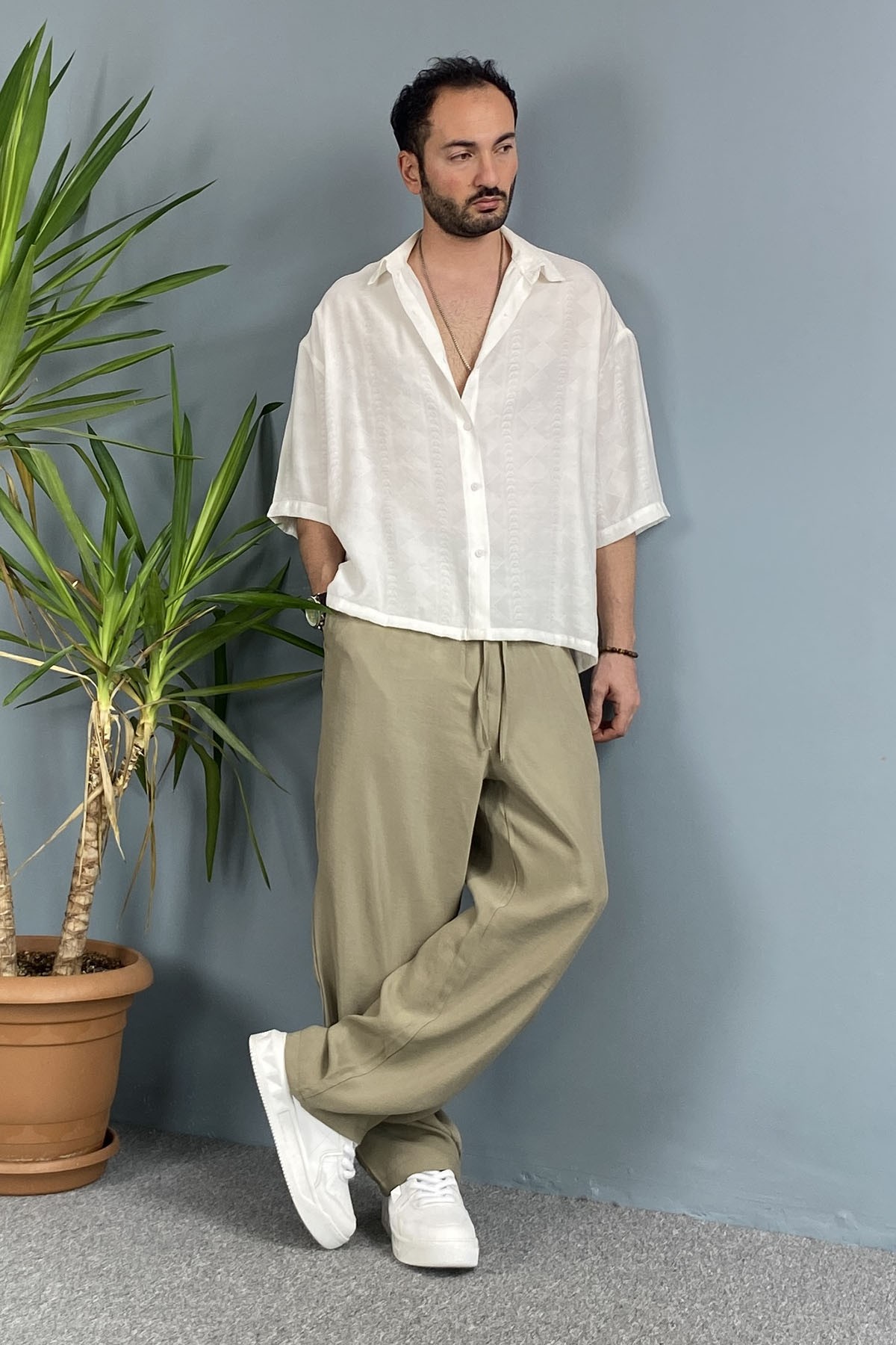 Erkek Modal Kumaş Bağcıklı Baggy Pantolon Haki