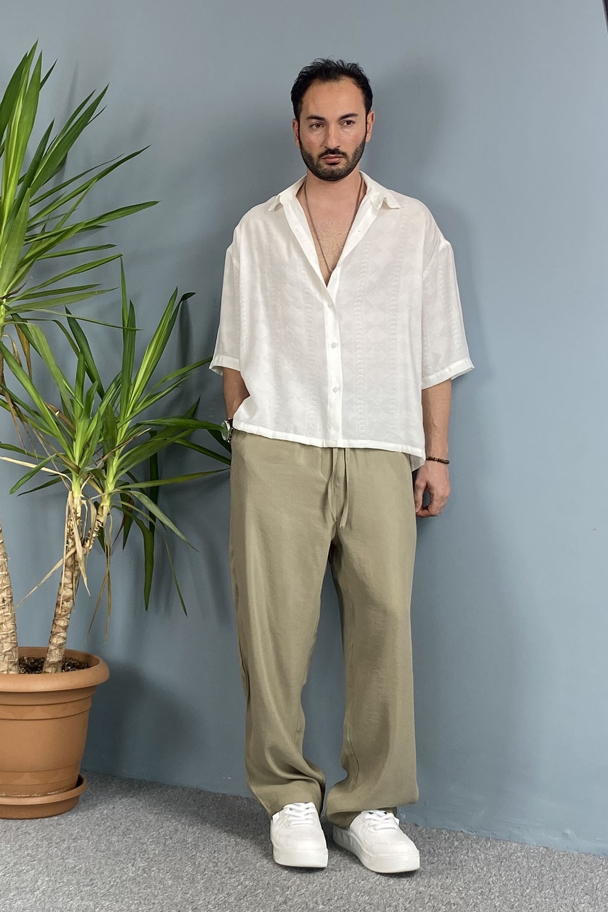 Erkek Modal Kumaş Bağcıklı Baggy Pantolon Haki