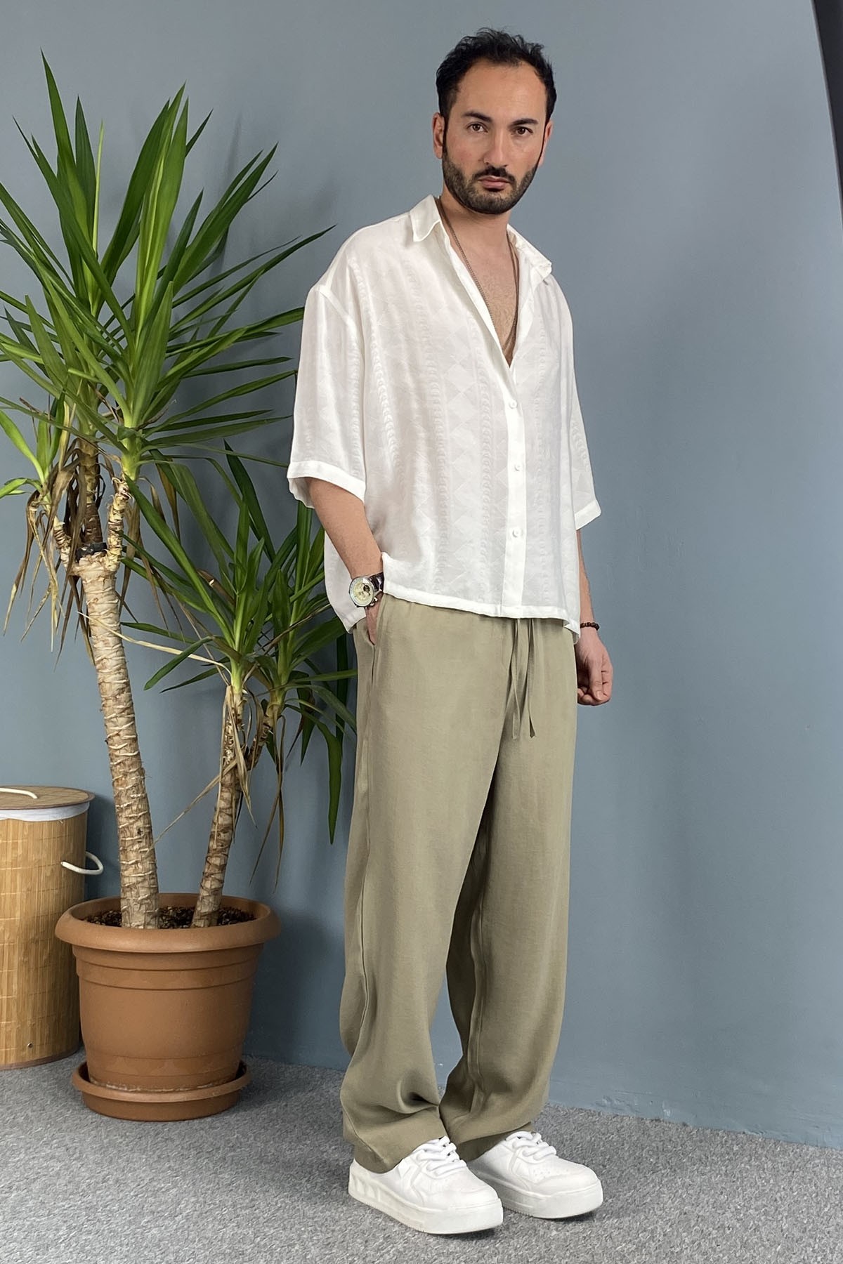 Erkek Modal Kumaş Bağcıklı Baggy Pantolon Haki