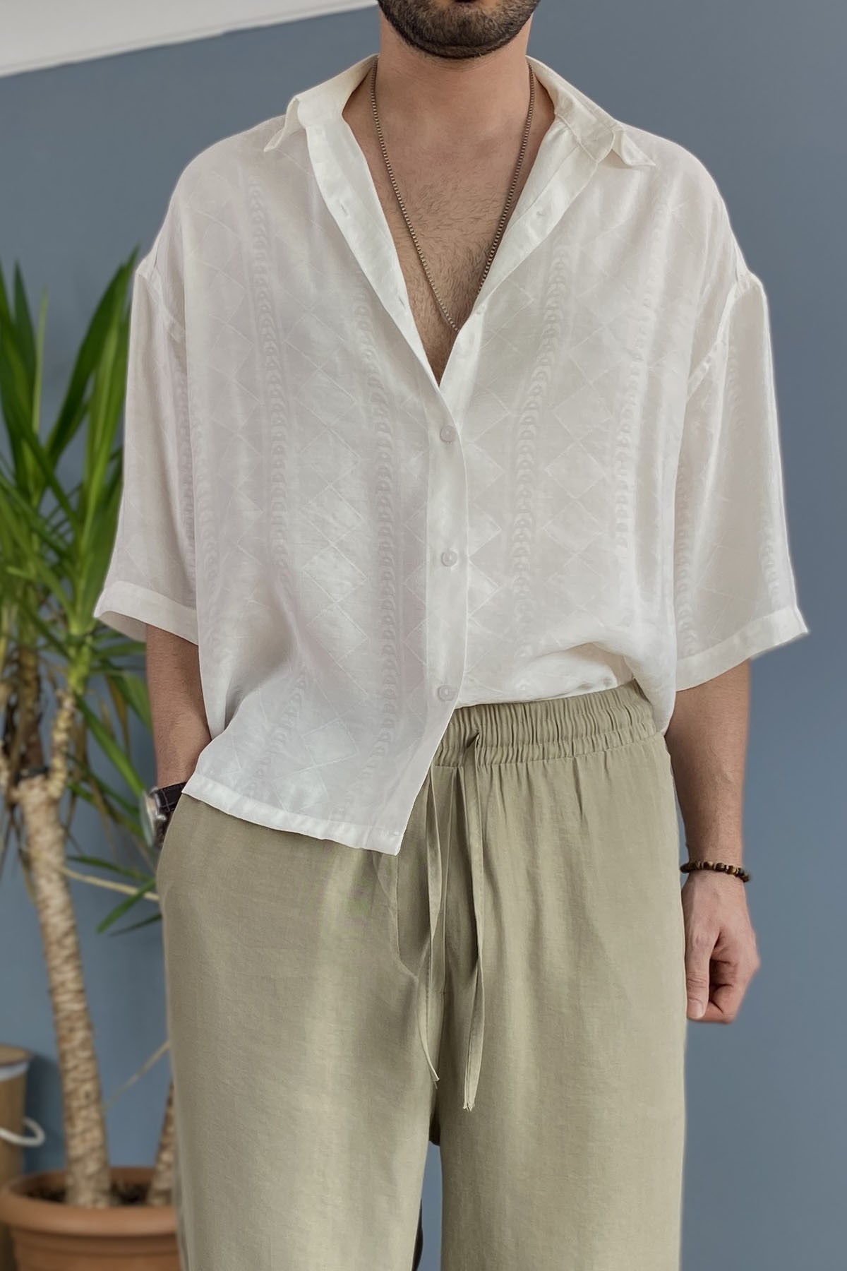 Erkek Modal Kumaş Bağcıklı Baggy Pantolon Haki