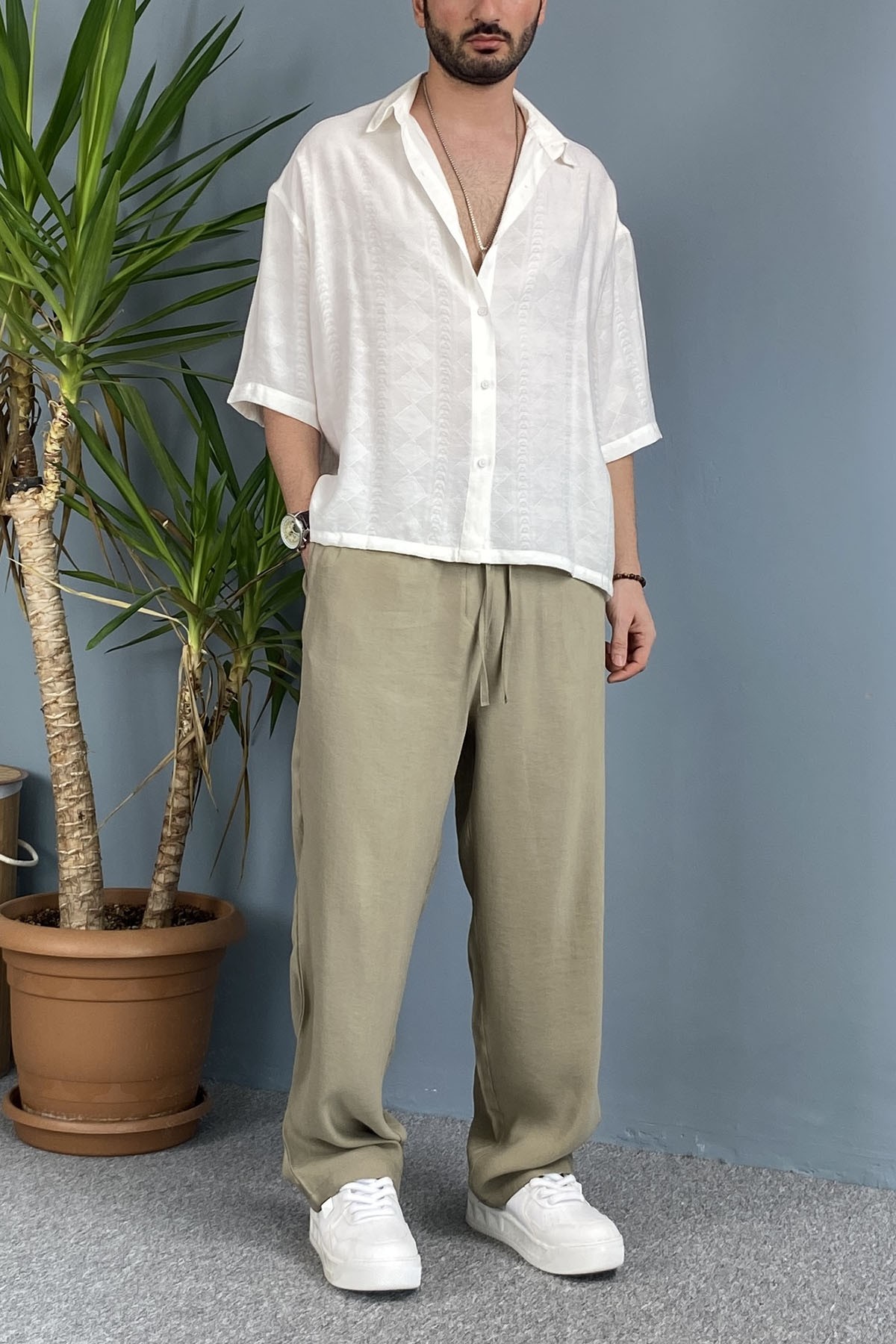 Erkek Modal Kumaş Bağcıklı Baggy Pantolon Haki