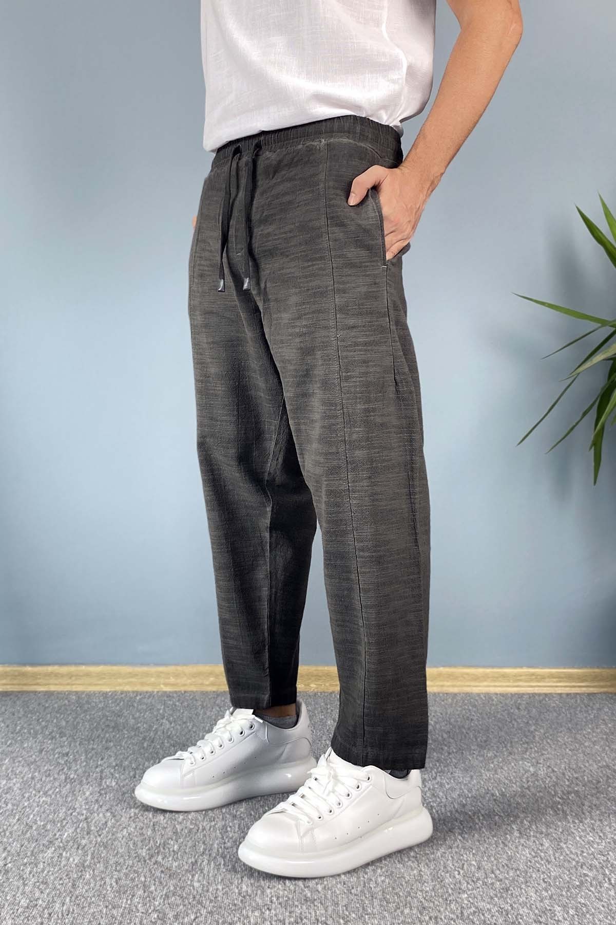  Havuç Kesim Keten Pantolon Bağcıklı Beli Lastikli Bilek Boy