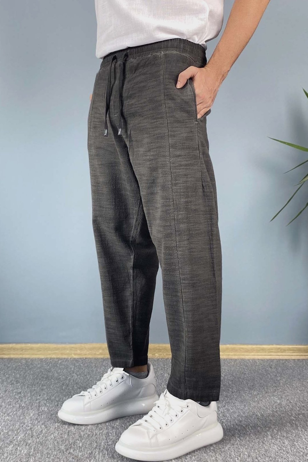  Havuç Kesim Keten Pantolon Bağcıklı Beli Lastikli Bilek Boy