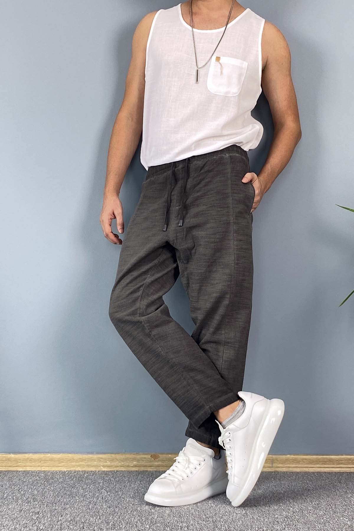  Havuç Kesim Keten Pantolon Bağcıklı Beli Lastikli Bilek Boy