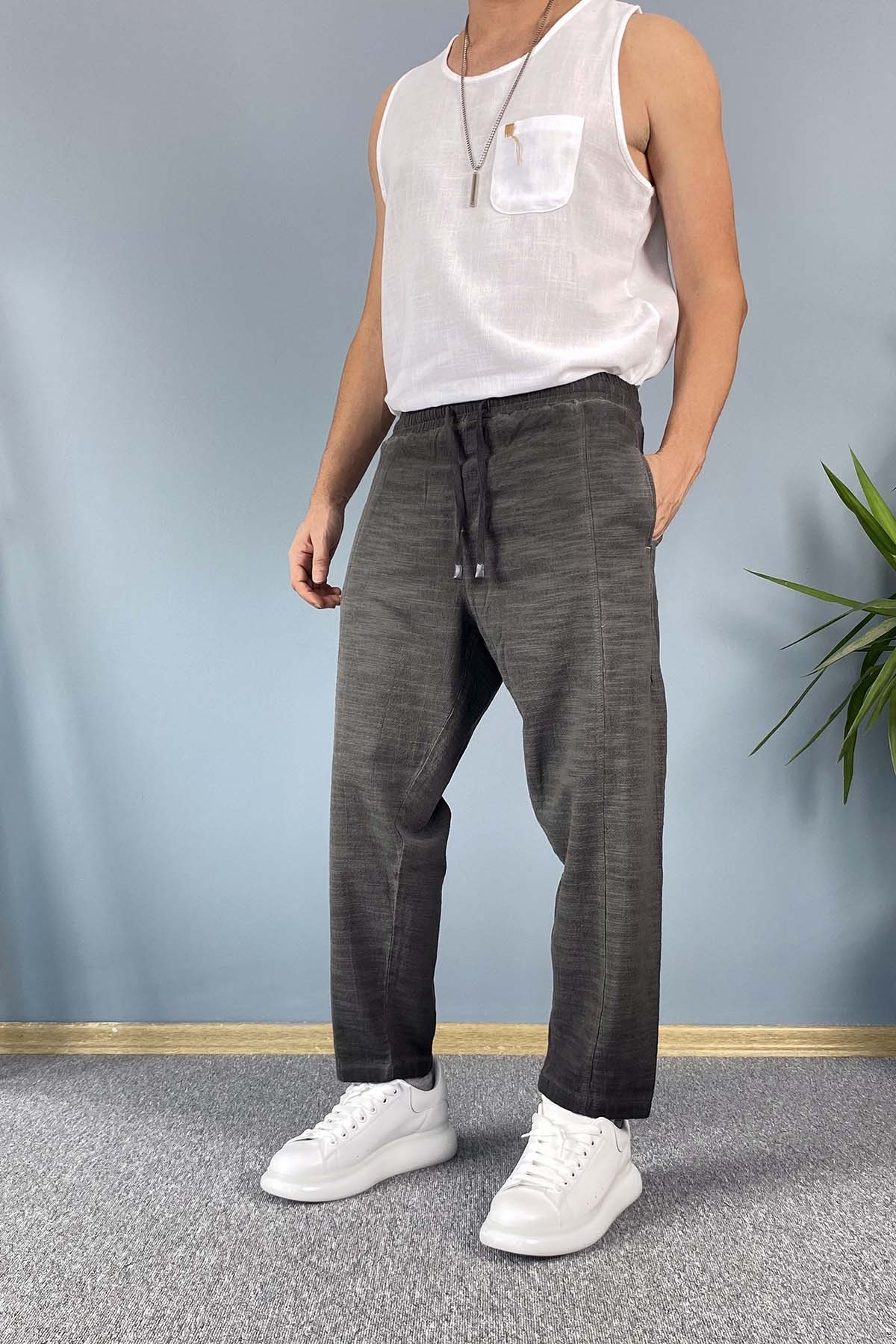  Havuç Kesim Keten Pantolon Bağcıklı Beli Lastikli Bilek Boy