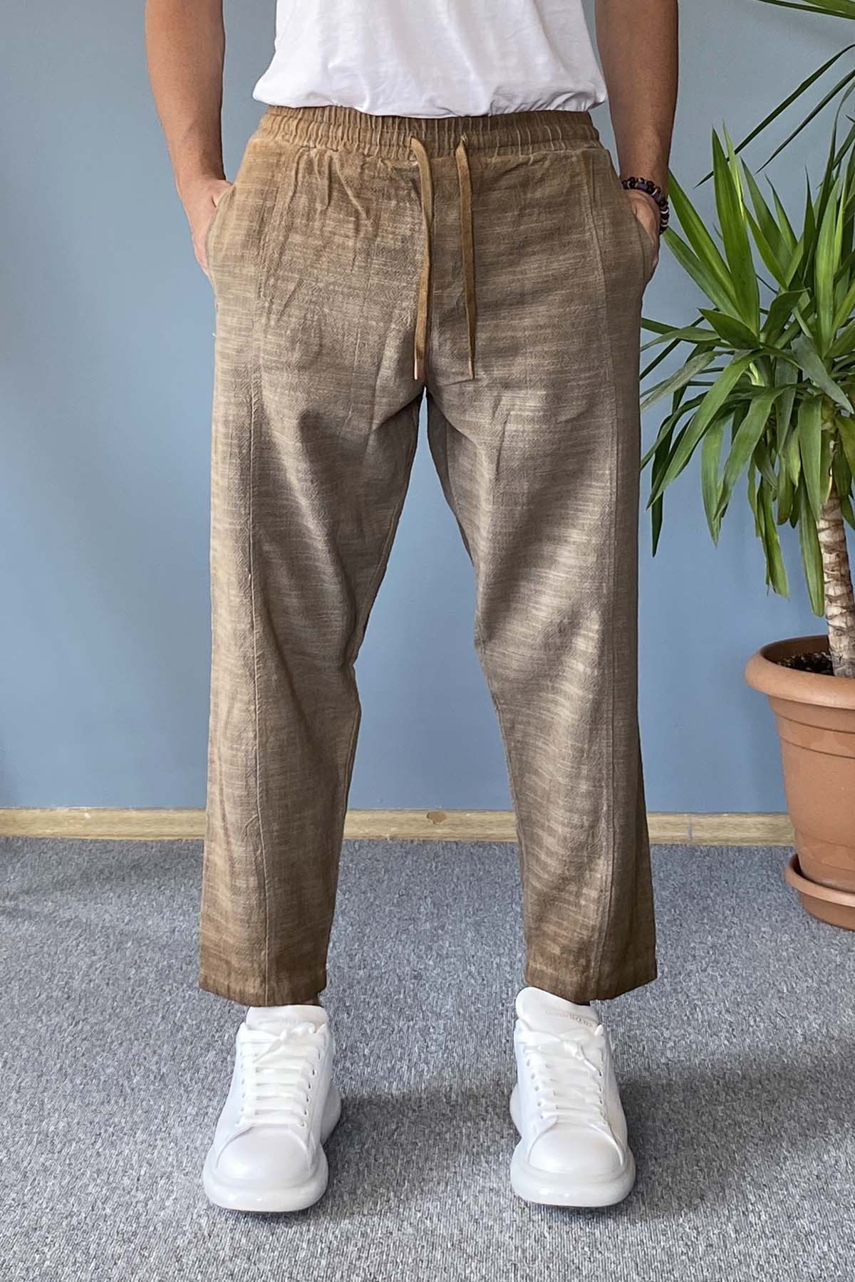  Havuç Kesim Keten Pantolon Bağcıklı Beli Lastikli Bilek Boy